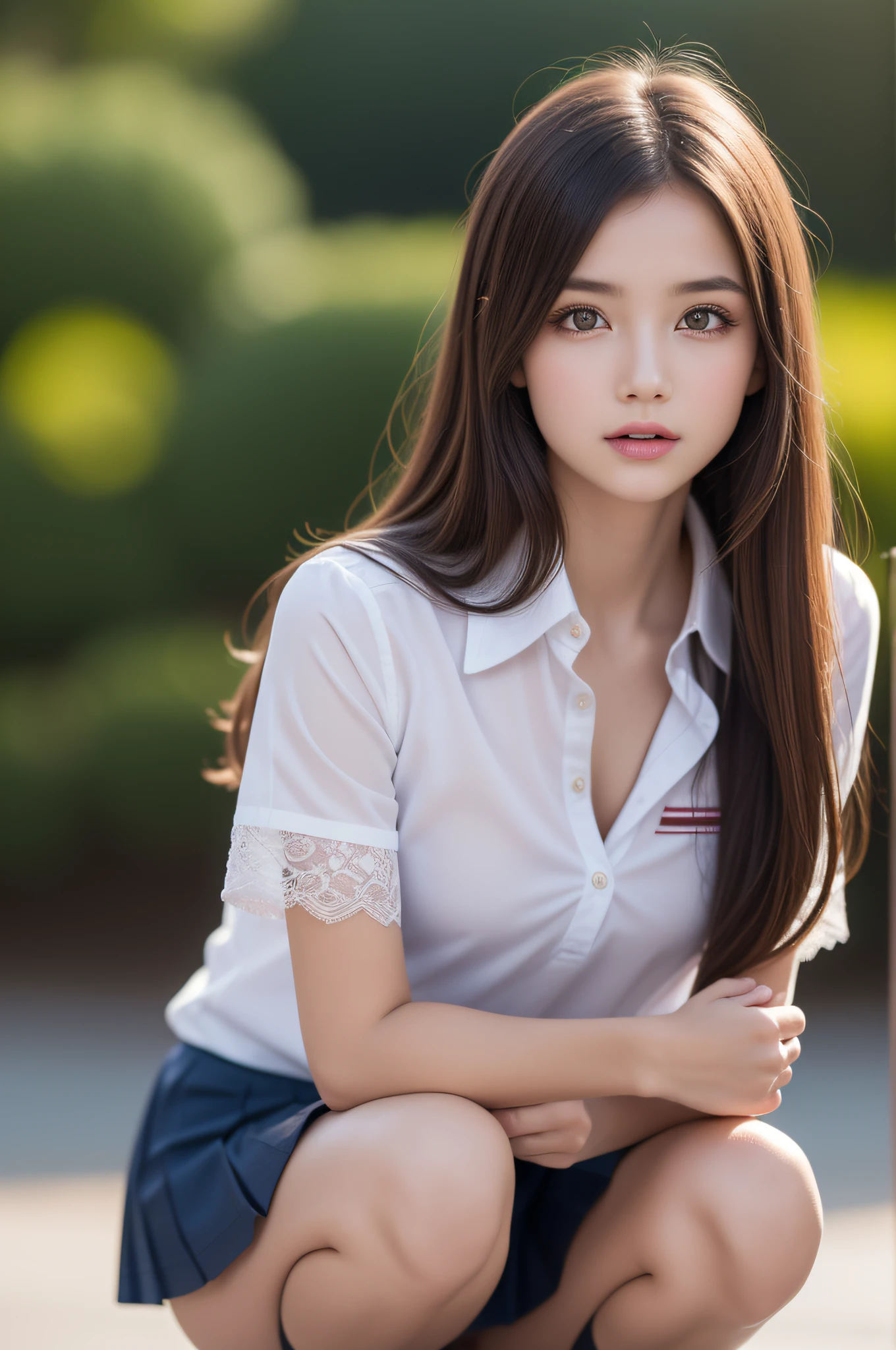 (1ung girls), (extremely detailed beautiful face), Amazing face and eyes, (Best Quality:1.4), (Ultra-detailed), (extremely detailed CG unified 8k wallpaper), Highly detailed, High-definition raw color photos, Professional Photography, Realistic portrait, Amazing face and eyes, Pink eyes, (High School Uniform, Pleated mini-skirt:1.3), (High school uniform with wide open chest:1.4), Twin-tailed, Brown hair, Model, (((Bokeh))), depth of fields, School, crass room, (Squatting:1.2), (Sheer lace panties:1.2), View from below