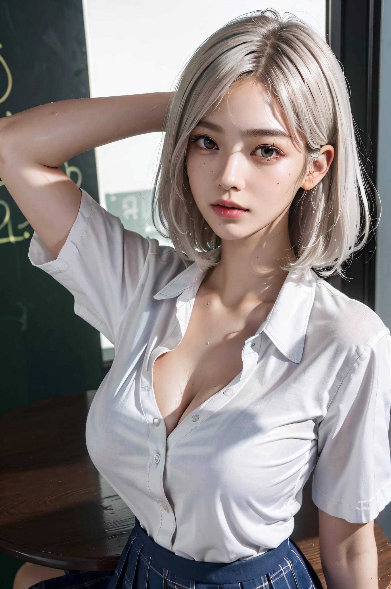 Top image quality、Raw photography、超A high resolution、18-year-old Korean、Glasses beauty、Colossal tits:1.3、cleavage of the breast:1.5、Nurse、Nurse_uniform、fair white skin、shiny white skin、(short bobbed hair)、bright silver hair、bright white hair、Beautiful eyes with random colors、very thin lips、beautiful eyes finely detailed、elongated eyes、pale pink blush、long eyeslashes、Beautiful double eyelids、eyeshadows、耳Nipple Ring、Fashionable glasses、Lighting that emphasizes beautiful skin、Lustrous skin