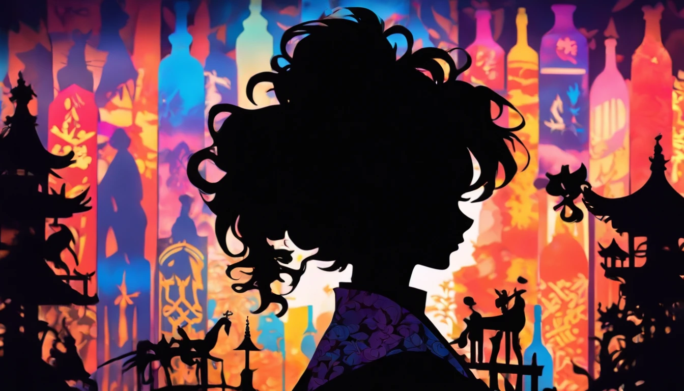 (Silhouette Art,cutouts:1.6)
(((Paper cutting art,A world where only black exists:1.3)
(Cowboy Shot),1 girl,Solo,
(Girl in kimono,profile:1.2),Wine bottles、Crowds
break
(Colorful colored neon lights)
Textured glass background,Tarot card atmosphere