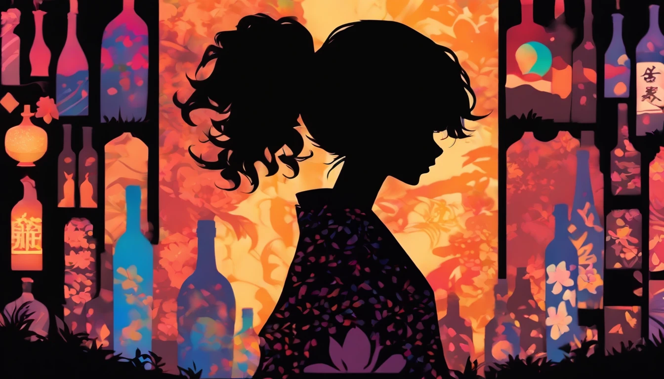 (Silhouette Art,cutouts:1.6)
(((Paper cutting art,A world where only black exists:1.3)
(Cowboy Shot),1 girl,Solo,
(Girl in kimono,profile:1.2),Wine bottles、Crowds
break
(Colorful colored neon lights)
Textured glass background,Tarot card atmosphere