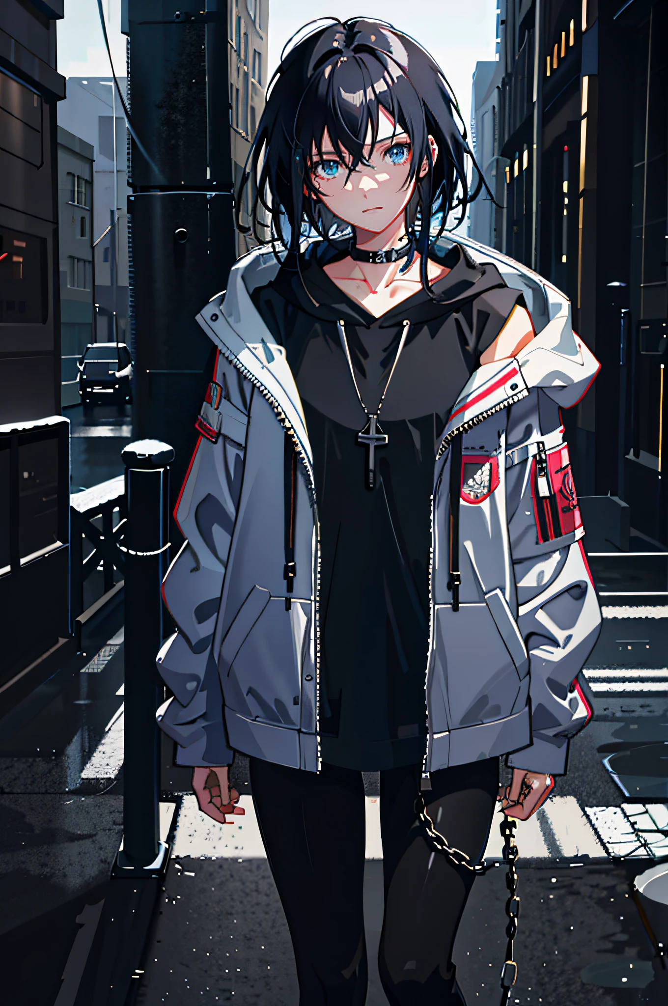 1girl, jacket, rain, outdoor, hoodie, open jacket, chain, backpack, looking at another, messy hair, trending on artstation, 8k resolution, highly detailed, anatomically correct, sharp image, digital painting, concept art, trending on pixiv, style of makoto shinkai,