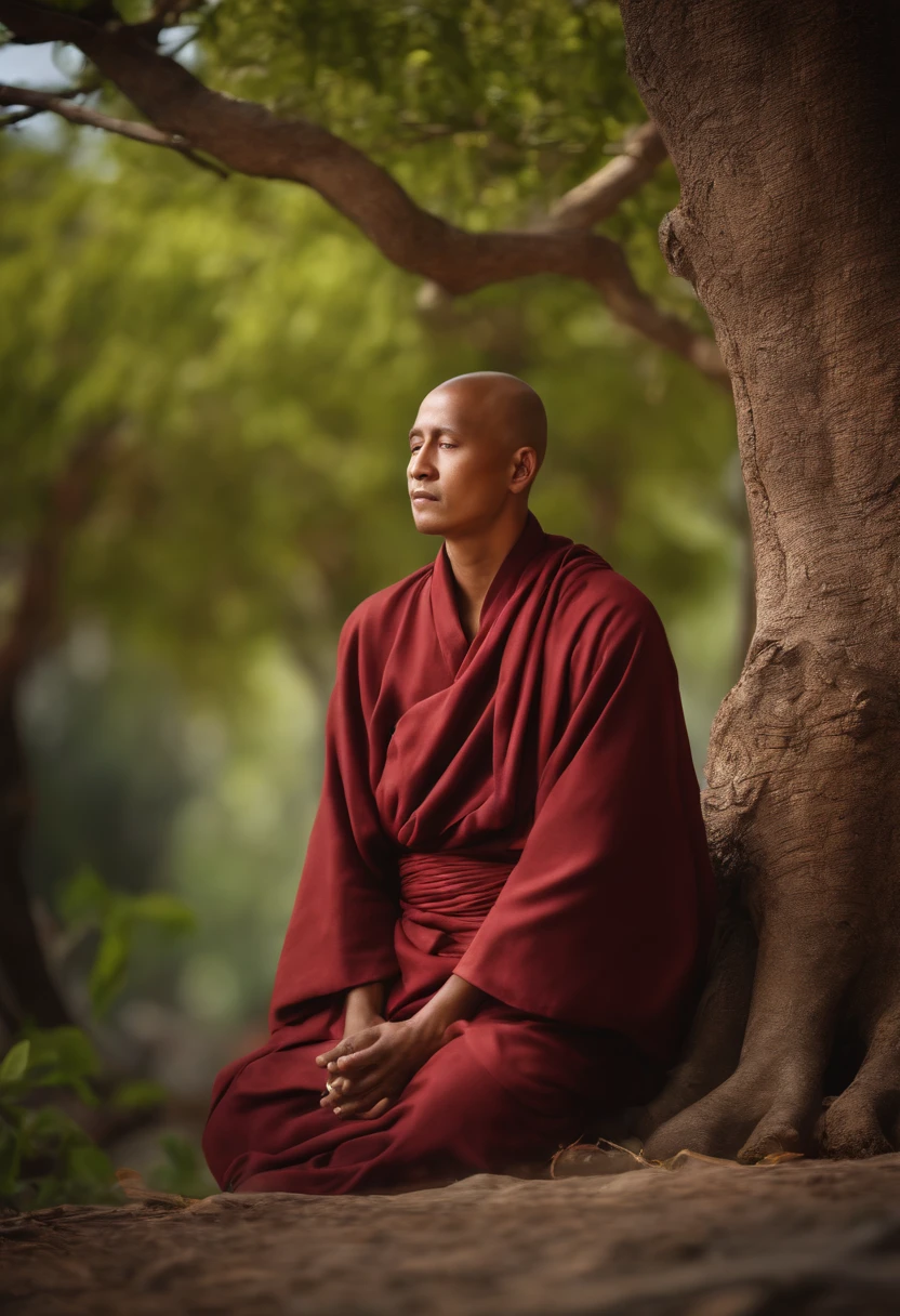 Realistic image of a centado monk under a tree.