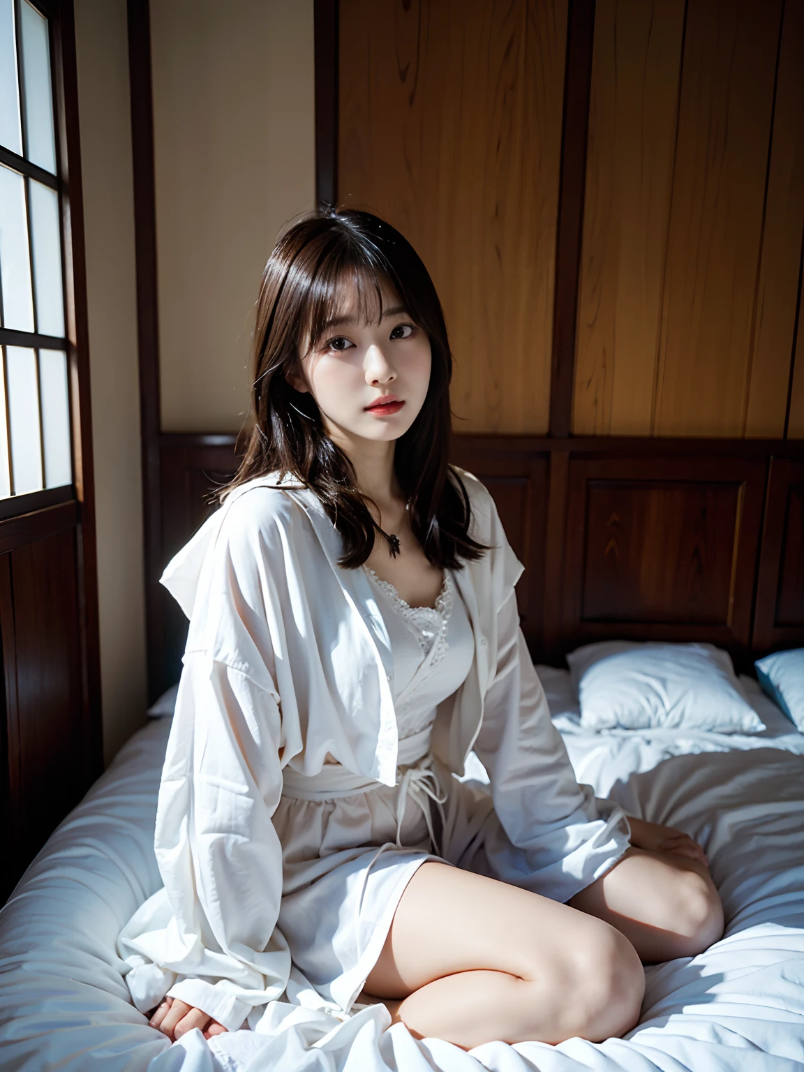 araffed asian woman in a white robe sitting on a bed, a picture by Kentaro Miura, tumblr, shin hanga, 奈良美智, beautiful south korean woman, sexy girl, japanese model, korean woman, gorgeous young korean woman, (18 years old), sexy :8, korean girl, gorgeous chinese model