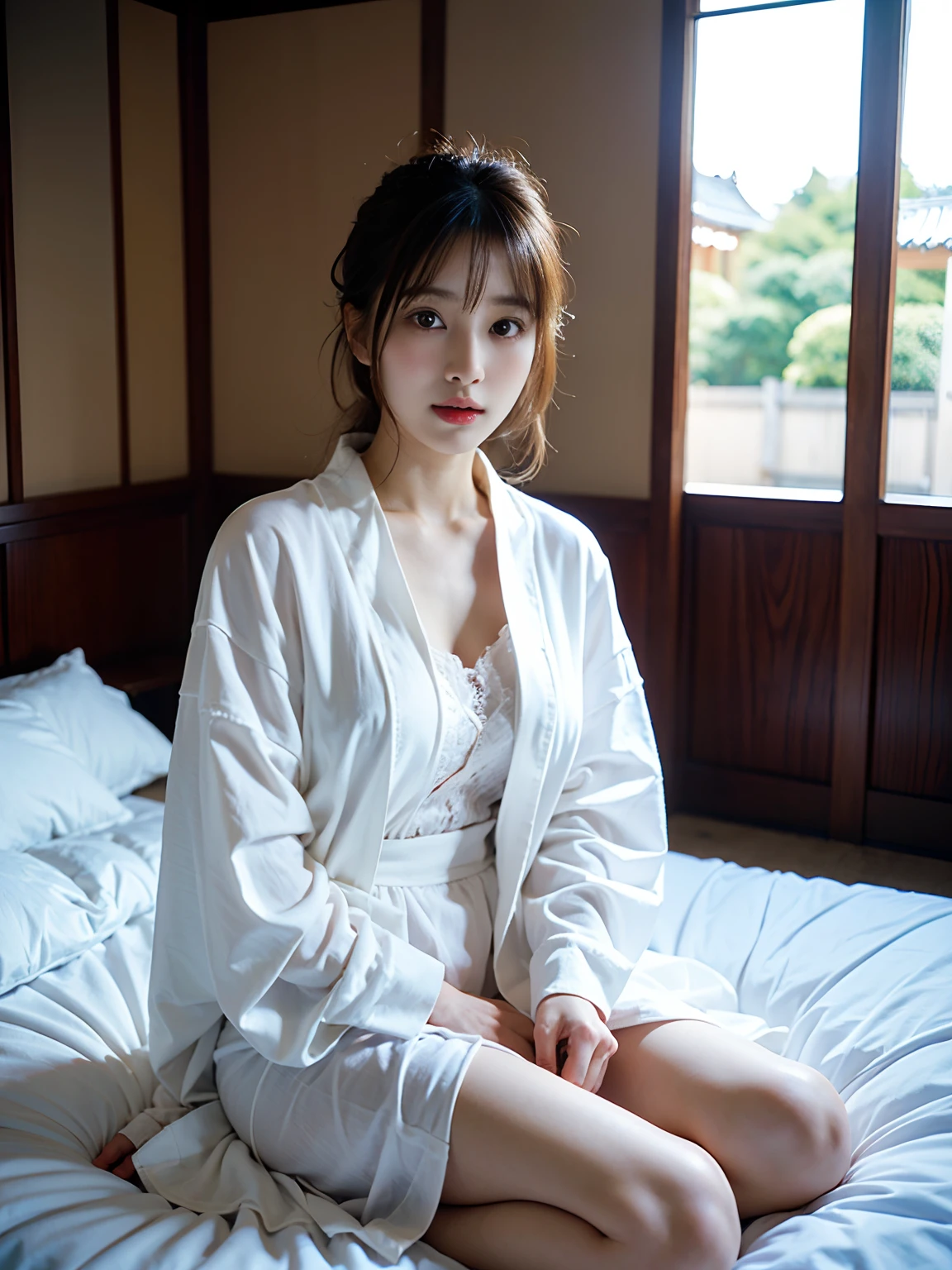 araffed asian woman in a white robe sitting on a bed, a picture by Kentaro Miura, tumblr, shin hanga, 奈良美智, beautiful south korean woman, sexy girl, japanese model, korean woman, gorgeous young korean woman, (18 years old), sexy :8, korean girl, gorgeous chinese model