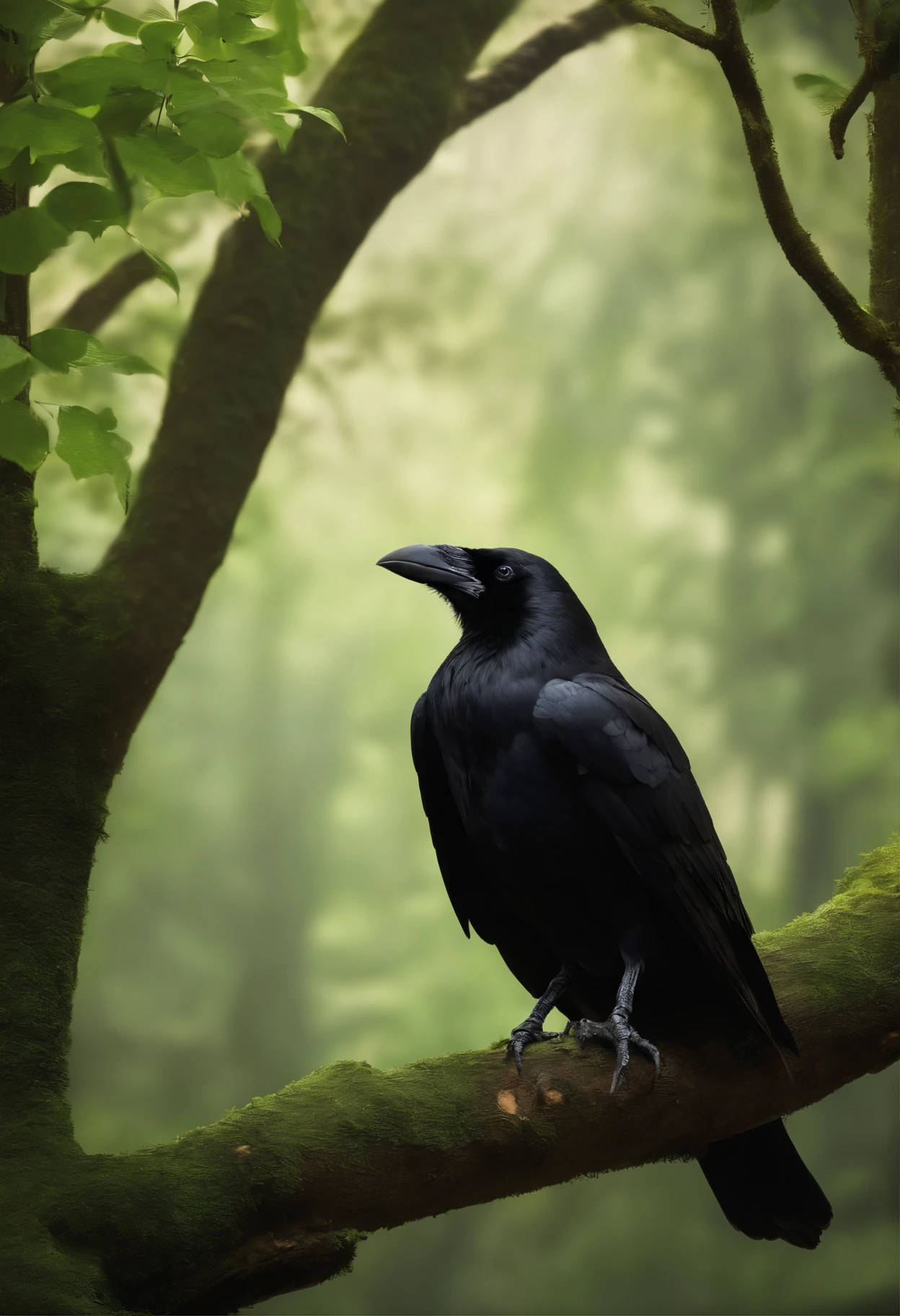 A crow in a verdant and realistic forest, the crow is on a tree branch, crying sadly with its life, its tears fall on a monk who is under the tree;.