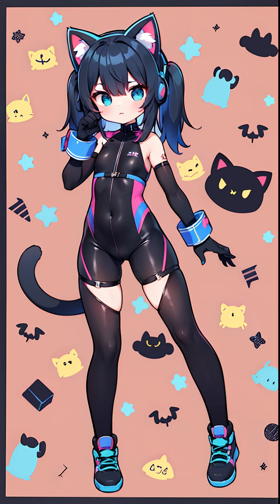 (Best Quality,4K,High resolution), 18yo woman, femele，Feminization of black cats，Cat's ears，Cat Ear Headphones，black longhair，Blue mesh hair，Big eyes，sharp eye，Cold eyes，glares，Big claws，Nail Gloves，Cool Woman，Black and blue，Sleeveless，Tight leather suit，highleg，cross belt，Navel out，Skin revealing，knee sox，garterbelts，Cat tail，Comical illustration，Vivid color scheme，colourfull，Comical expression，expresive，kawaii illustration