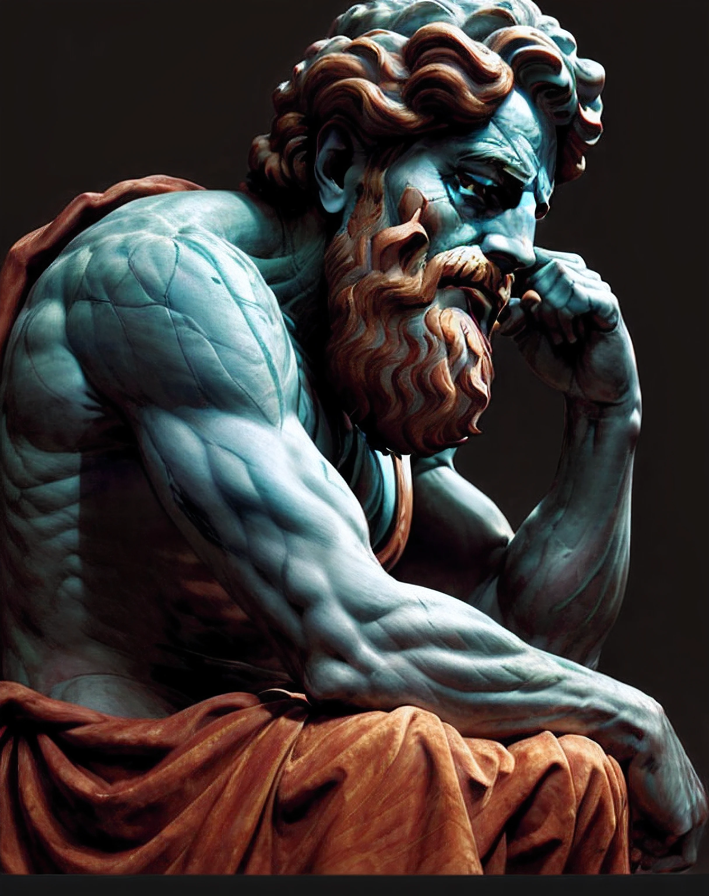 Arafed statue of a man with a beard and a blue dress, escultura realista de 8k bernini, greco roman statue, divino e estoico, pensador, Greek statue, inspirado em Michelangelo Unterberger, an ancient greek statue, classical statue, Escultura Michelangelo, ancient greek statue, classic sculpture, Estoicismo, Artstyle de Michelangelo