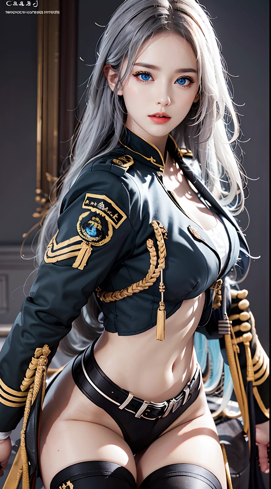 photorealistic, high resolution, soft lights, 1women, solo, hips up, blue eyes, white long hair, military uniform