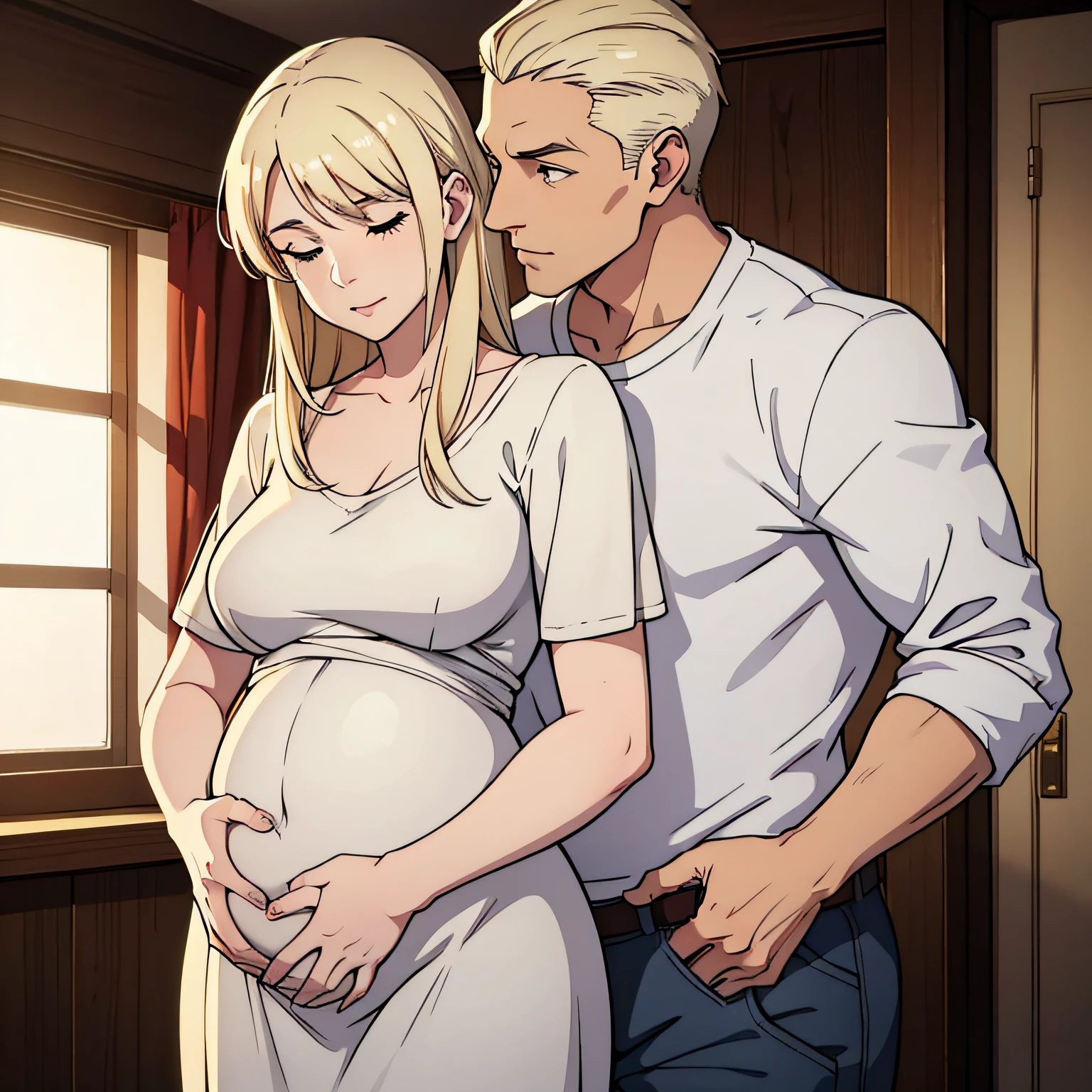 A white blonde hair husband embracing his wife from behind with his hand on her very pregnant belly,