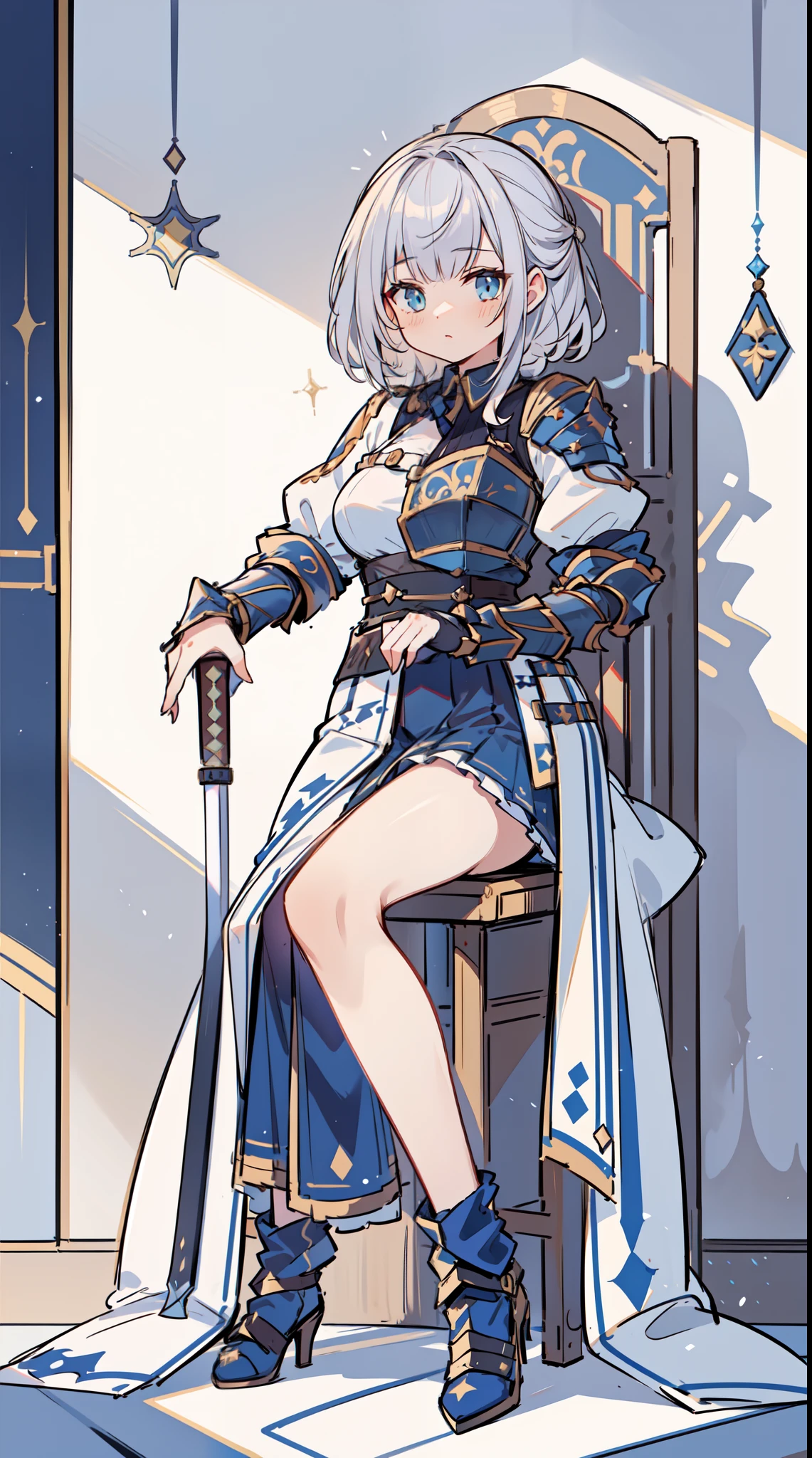 ((Shirogane Noel:1.2)), Queen's Guardian Knight. Female Knight With Beautiful Face, Elaborate wearing, Delicate and beautiful armor and sword, Protecting the Queen. Queen in luxurious and elegant costume. sit a chair. The throne room of the majestic palace. Detailed drawing. Vivid colors. High image quality.