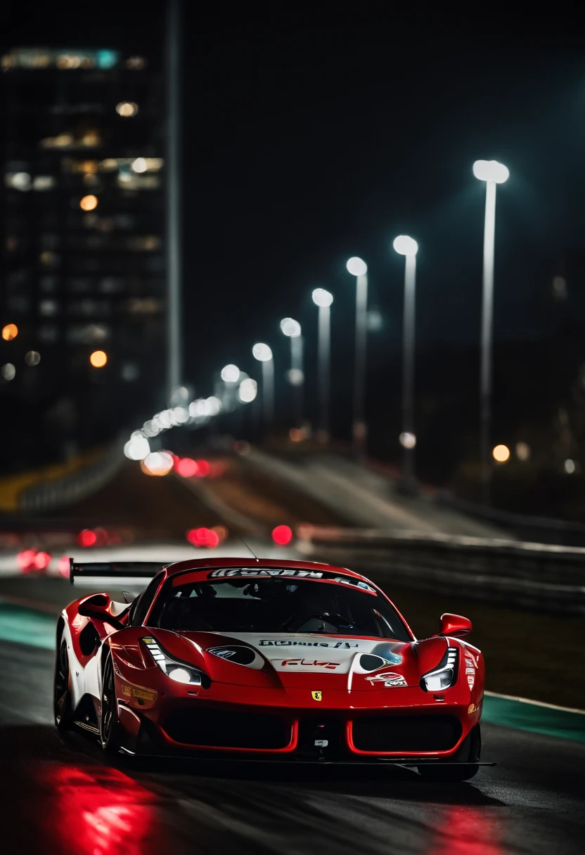 "an Quority(ferrari 488 gt3)Racing cars race around the city circuit at night，A breath of blood and speed。"