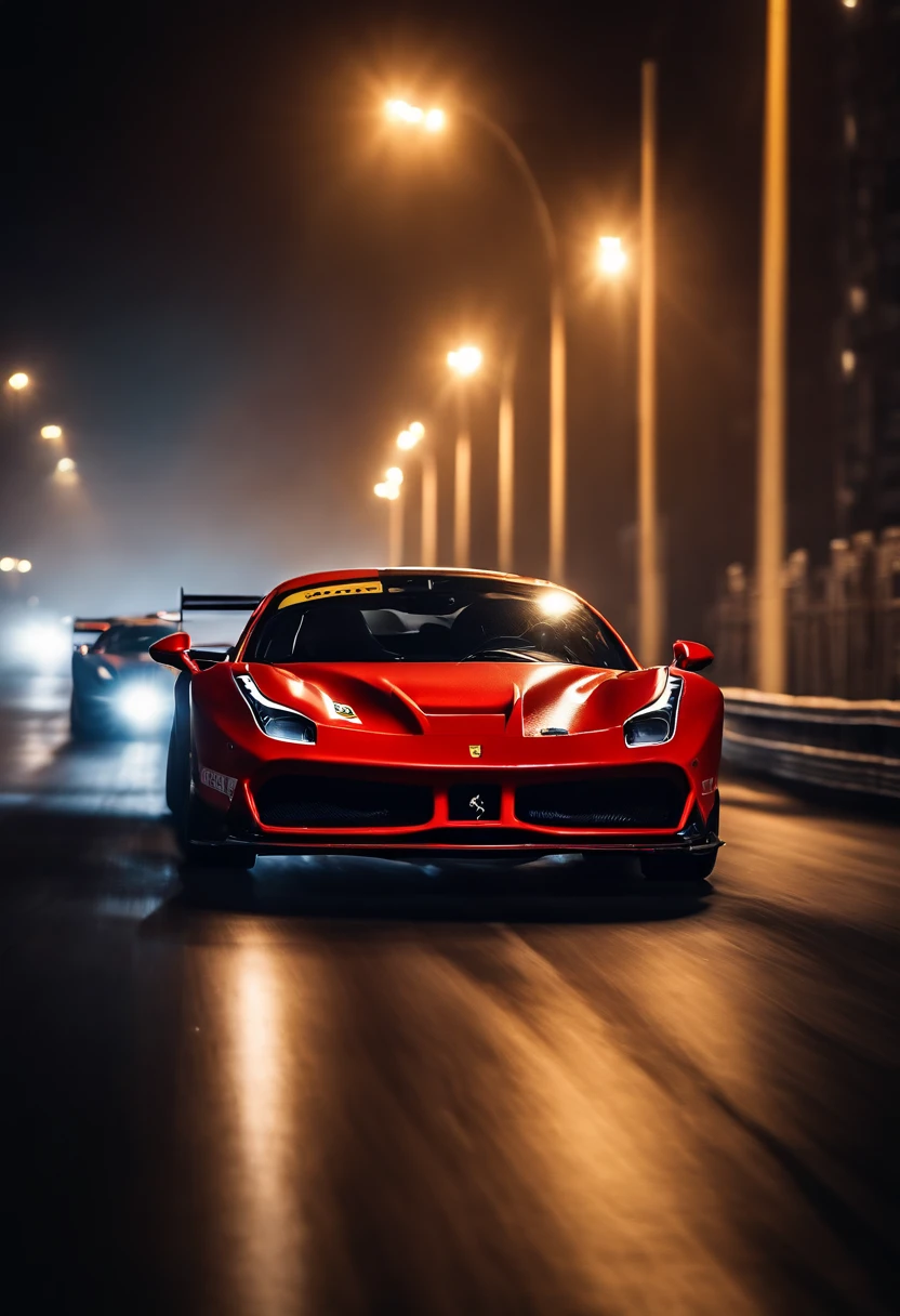 "an Quority(ferrari 488 gt3)Racing cars race around the city circuit at night,A breath of blood and speed。"