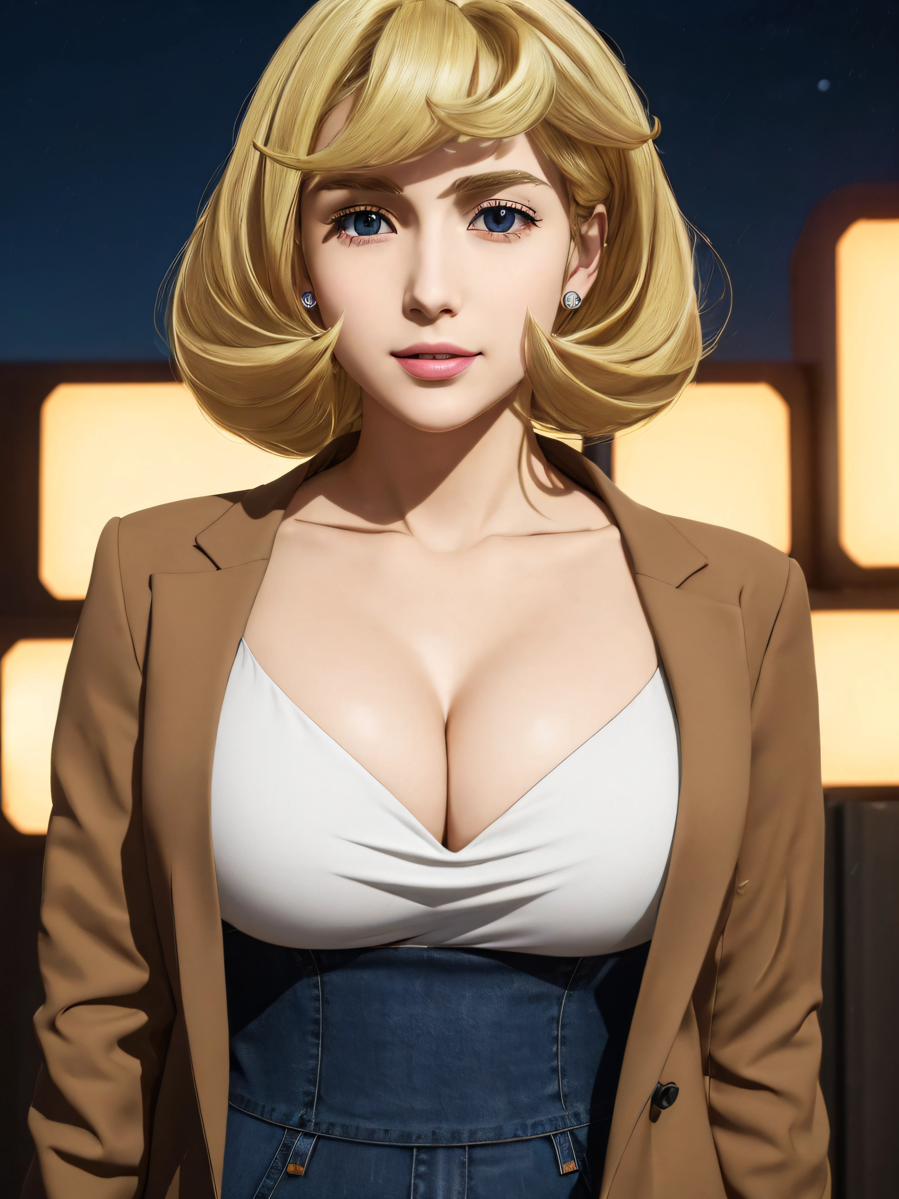 (Night:1.7), Japan, Tokyo, CityView, Before Window,
Standing at attention,
brown jacket,long sleeves, jeans,cleavage, collarbone, white shirt,
blonde hair, blue eyes,short hair,
1 girl, 20yo,Young female,Beautiful Finger,Beautiful long legs,Beautiful body,Beautiful Nose,Beautiful character design, perfect eyes, perfect face,expressive eyes,
looking at viewer, in the center of the image,(Upper_body),(Focus on her face),(light_smile:0.5),
official art,extremely detailed CG unity 8k wallpaper, perfect lighting,Colorful, Bright_Front_face_Lighting,shiny skin,
(masterpiece:1.0),(best_quality:1.0), ultra high res,4K,ultra-detailed,
photography, 8K, HDR, highres, absurdres:1.2, Kodak portra 400, film grain, blurry background, bokeh:1.2, lens flare, (vibrant_color:1.2)
(Beautiful,large_Breasts:1.0), (beautiful_face:1.5),(narrow_waist),