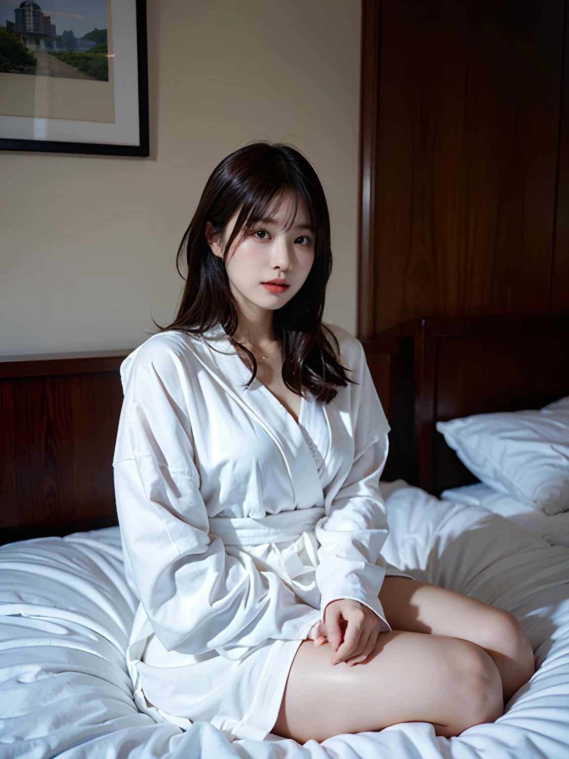 araffed asian woman in a white robe sitting on a bed, a picture by Kentaro Miura, tumblr, shin hanga, 奈良美智, beautiful south korean woman, sexy girl, japanese model, korean woman, gorgeous young korean woman, (18 years old), sexy :8, korean girl, gorgeous chinese model