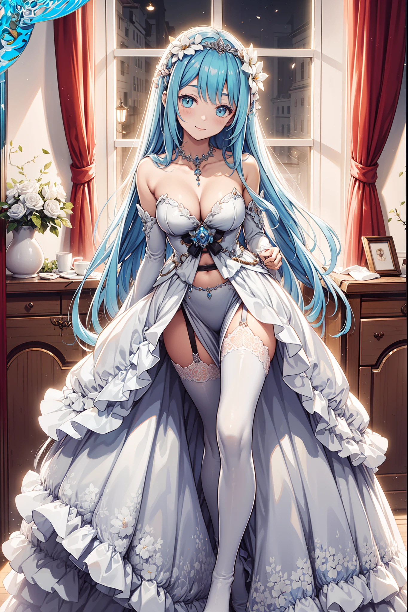 (Best quality,4K,8K,A high resolution,Masterpiece:1.2),Ultra-detailed,Goddess of flowers,s girl,Enchanting,cheerfulness,divino,Magical effect,Silver,Light pink hair,Pale white wedding dress,Pale pink long dress,Silver Crown,Sophisticated attire,detailed lace,Bedroom,solo person,during night,lacepantyhose,Colorful patterns,Playful transparent clothing