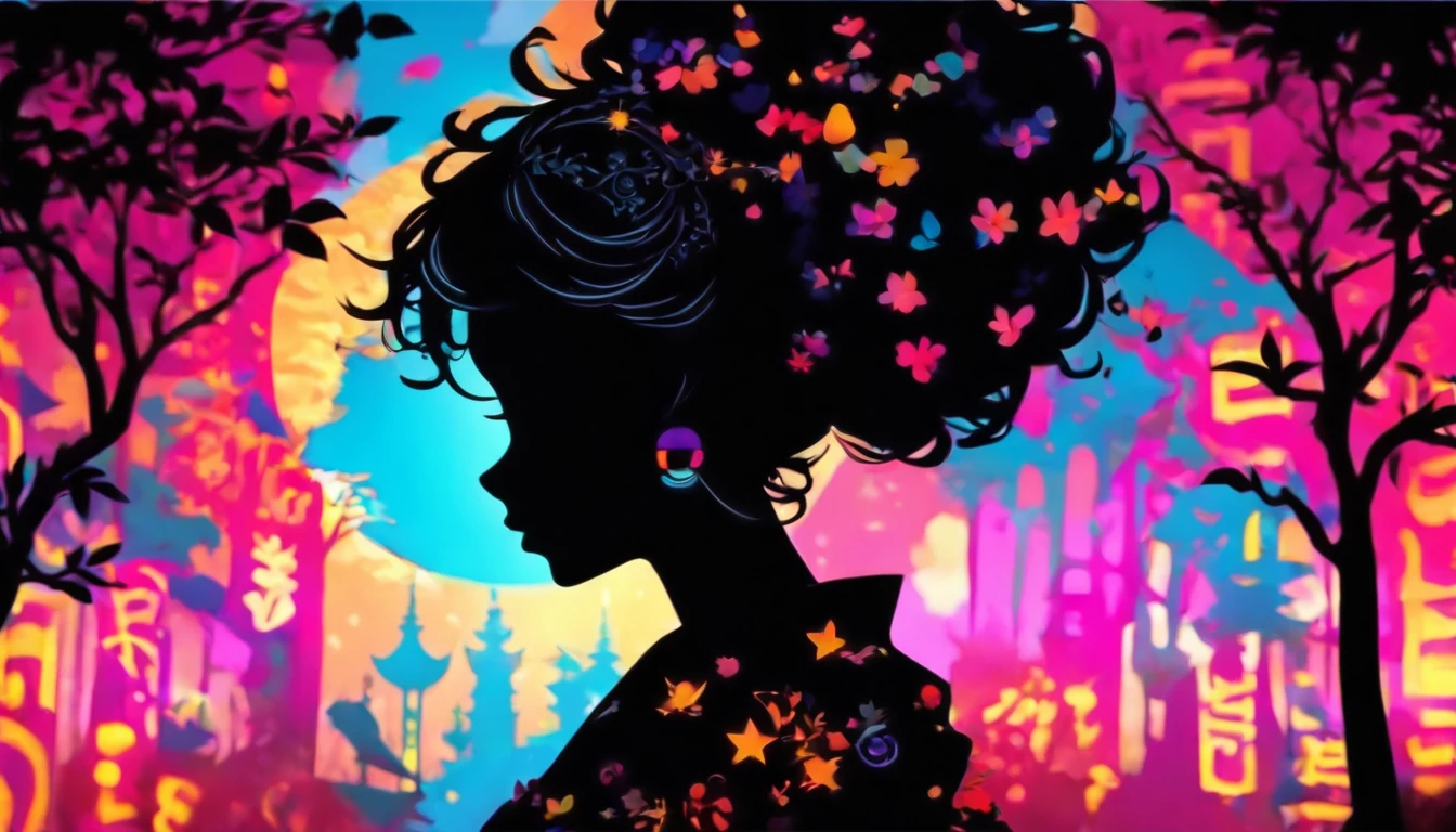 (Silhouette Art,cutouts:1.6)
(((Paper cutting art,A world where only black exists:1.3)
(Cowboy Shot),1 girl,Solo,
(Girl in kimono,profile:1.2),wine bottle、crowd
break
(Colorful colored neon lights)
Textured glass background,Tarot card atmosphere