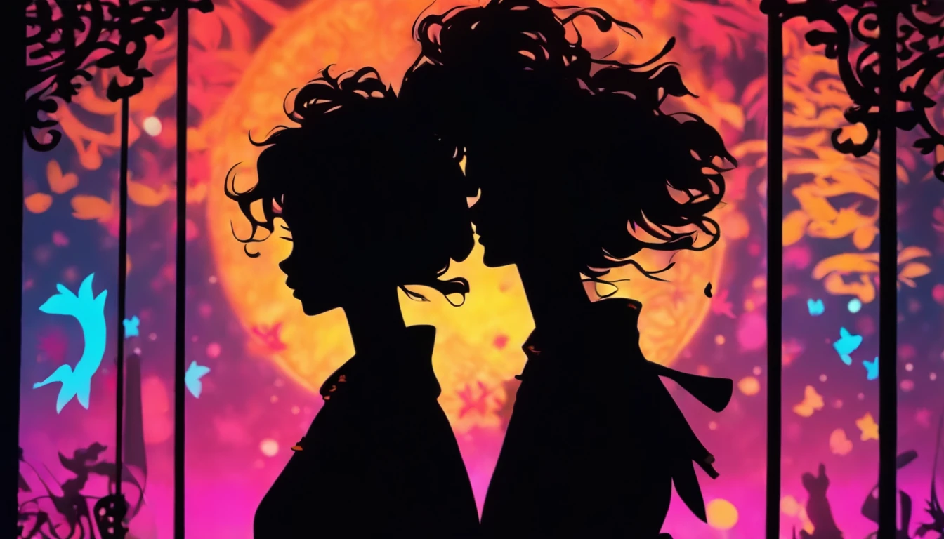 (Silhouette Art,cutouts:1.6)
(((Paper cutting art,A world where only black exists:1.3)

(Cowboy Shot),1 girl,Solo,
(Girl in kimono,profile:1.2),wine bottle、crowd

break
(Colorful colored neon lights)
Textured glass background,Tarot card atmosphere