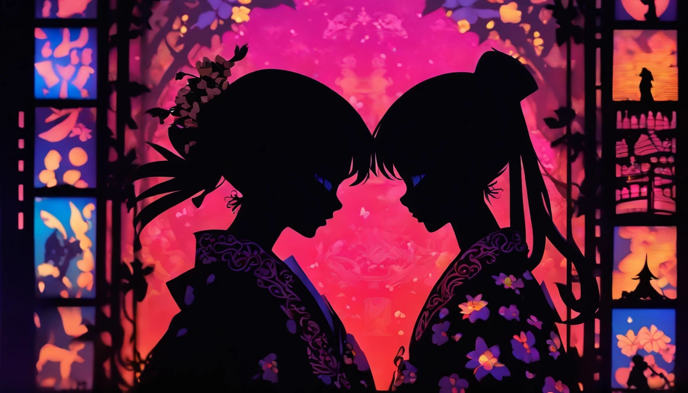 (Silhouette Art,cutouts:1.6)
(((Paper cutting art,A world where only black exists:1.3)

(Cowboy Shot),1 girl,Solo,
(Girl in kimono,profile:1.2),wine bottle、crowd

break
(Colorful colored neon lights)
Textured glass background,Tarot card atmosphere