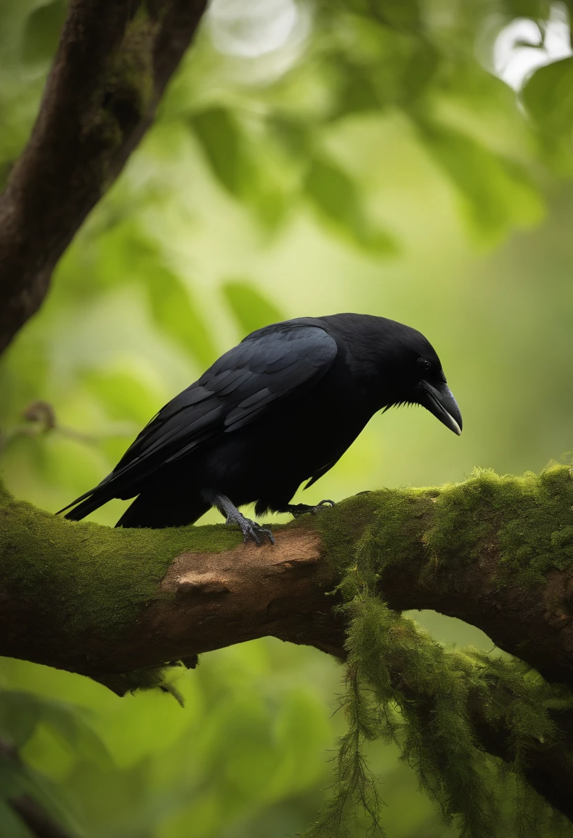 A crow in a verdant tool on a branch gives very sad tree