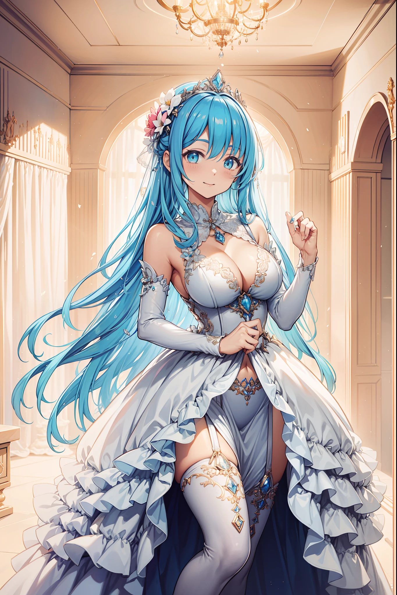 (Best quality,4K,8K,A high resolution,Masterpiece:1.2),Ultra-detailed,Goddess of flowers,Beautiful girl,Enchanting,cheerfulness,divino,Magical effect,Silver,Light blue hair,Pale white wedding dress,Pale pink long dress,Silver Crown,Sophisticated attire,detailed lace,Bedroom,Solitude,during night,lacepantyhose,Colorful patterns,Playful transparent clothing