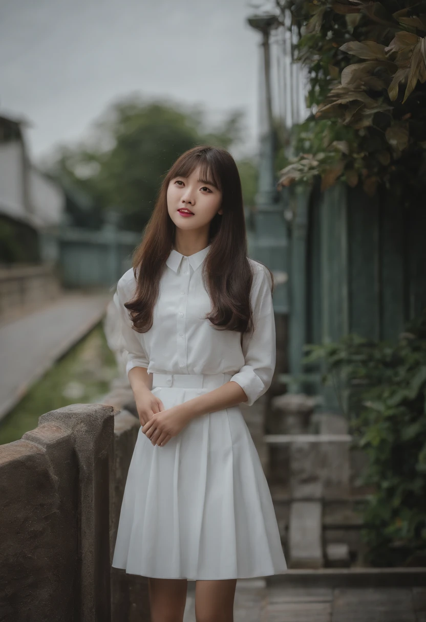 top-quality, Photorealsitic, masterpiece, 8K, Hi-Res, 独奏, 1girl, (((infp young woman))),sixteen years old、full bodyesbian、(small tits), ((Look at viewers)), (look at a camera), ((Various hairstyles close to long))、Perfect straight black hair、With bangs、 (profetional lighting), Highly detailed bright face、Gentle Japan girl、Nice smiling face、White T-shirt(long-sleeve)、Checked pleated skirt、Standing in front of the school gate