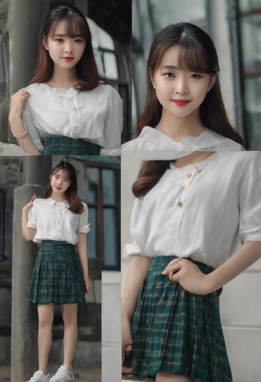 top-quality, Photorealsitic, ​masterpiece, 8K, Hi-Res, 独奏, 1girl, (((infp young woman))),sixteen years old、full bodyesbian、(small tits), ((Look at viewers)), (look at a camera), ((Various hairstyles close to long)）、Perfect straight black hair、With bangs、 (profetional lighting), Highly detailed bright face、Gentle Japan girl、Nice smiling face、White T-shirt（long-sleeve）、Checked pleated skirt、Standing in front of the school gate