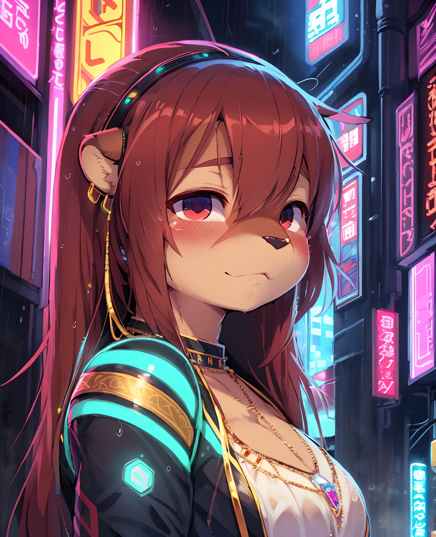 High detail, film, cinematic, masterpiece, sexy girl, cyberpunk town, neon, downpour, rain, otter furry, jewels, long detailed hair, (luxury clothes), (solo), face closeup, brown fur, [by dagasi, by zackary911, by thebigslick]