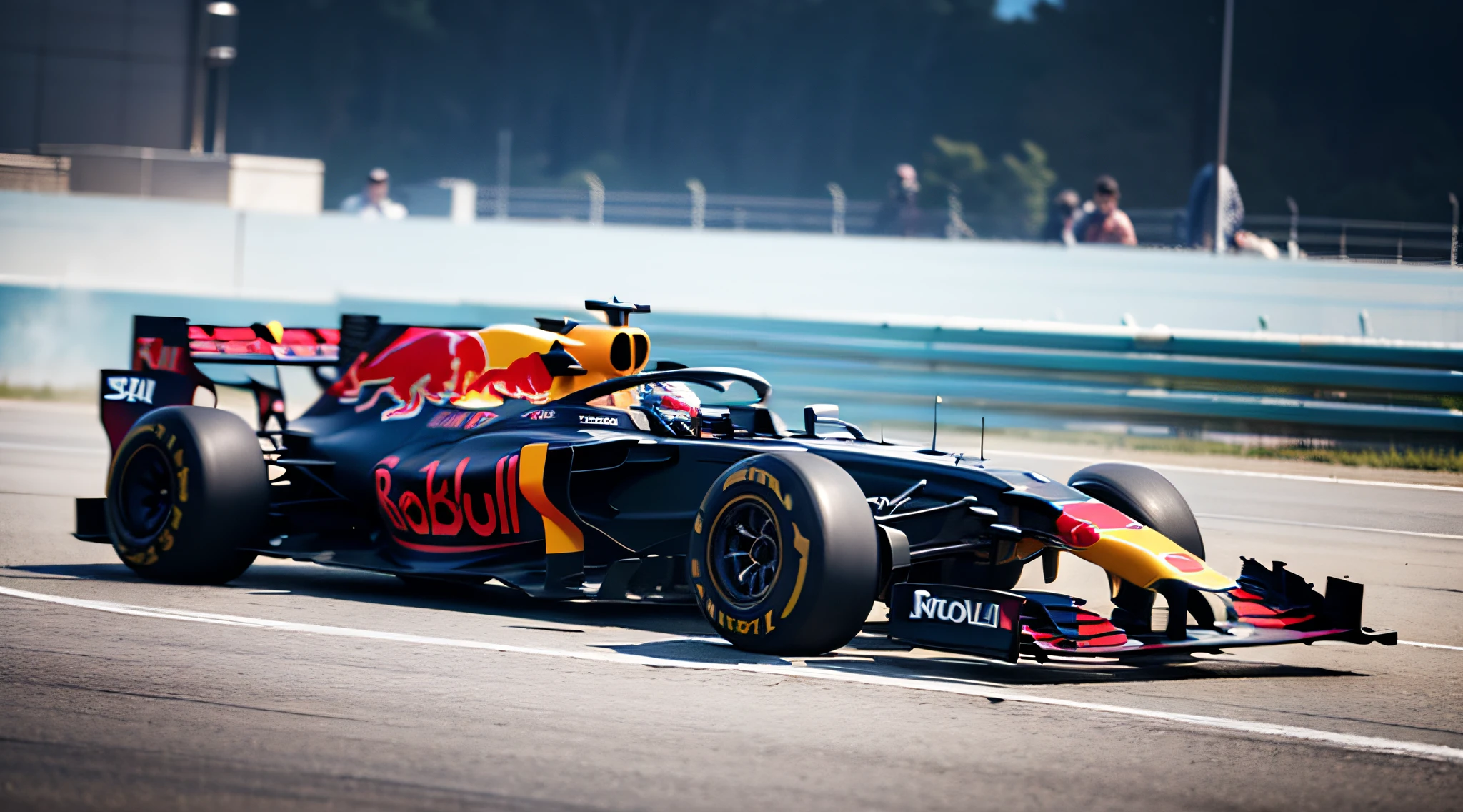 Formula 1, F1, photo of a redbull racing team, on white reflective surface, infinite horizon, light blue background with clouds, swirling ink in water, neon colors, (photorealistic:1.2), cinematic lighting, detailed, 4k, 8k, dslr, 50mm, Hasselblad X2D
