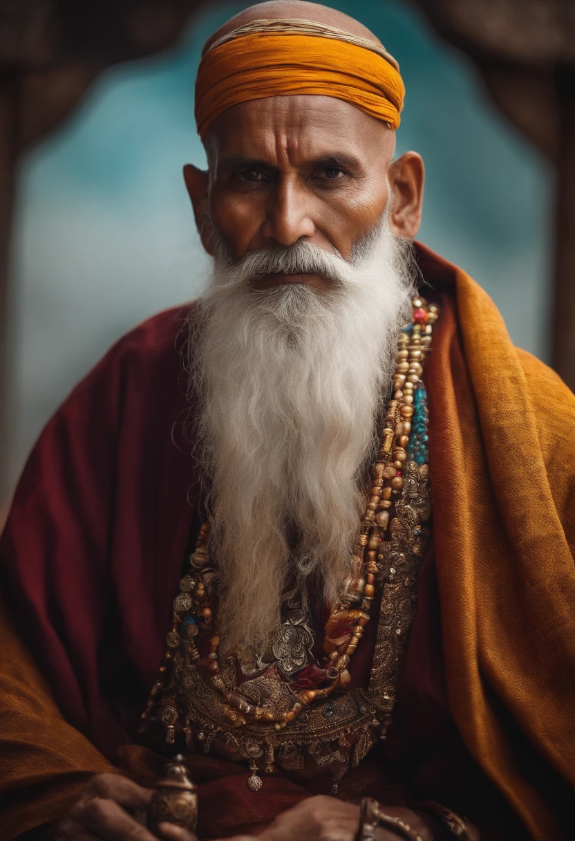 An old monk with white beards long bald head with epic clothes