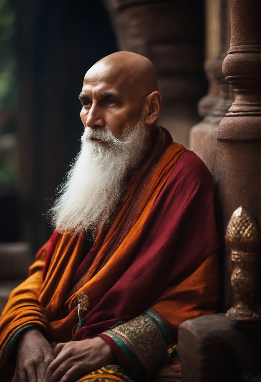 An old monk with white beards long bald head with epic clothes