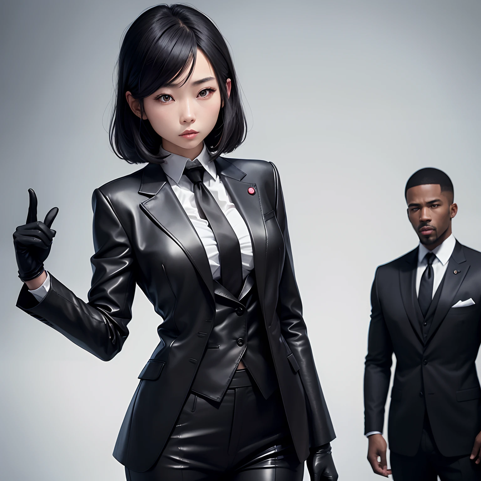 A Japanese woman with black leather gloves wearing a black men's three-piece suit with a black shirt