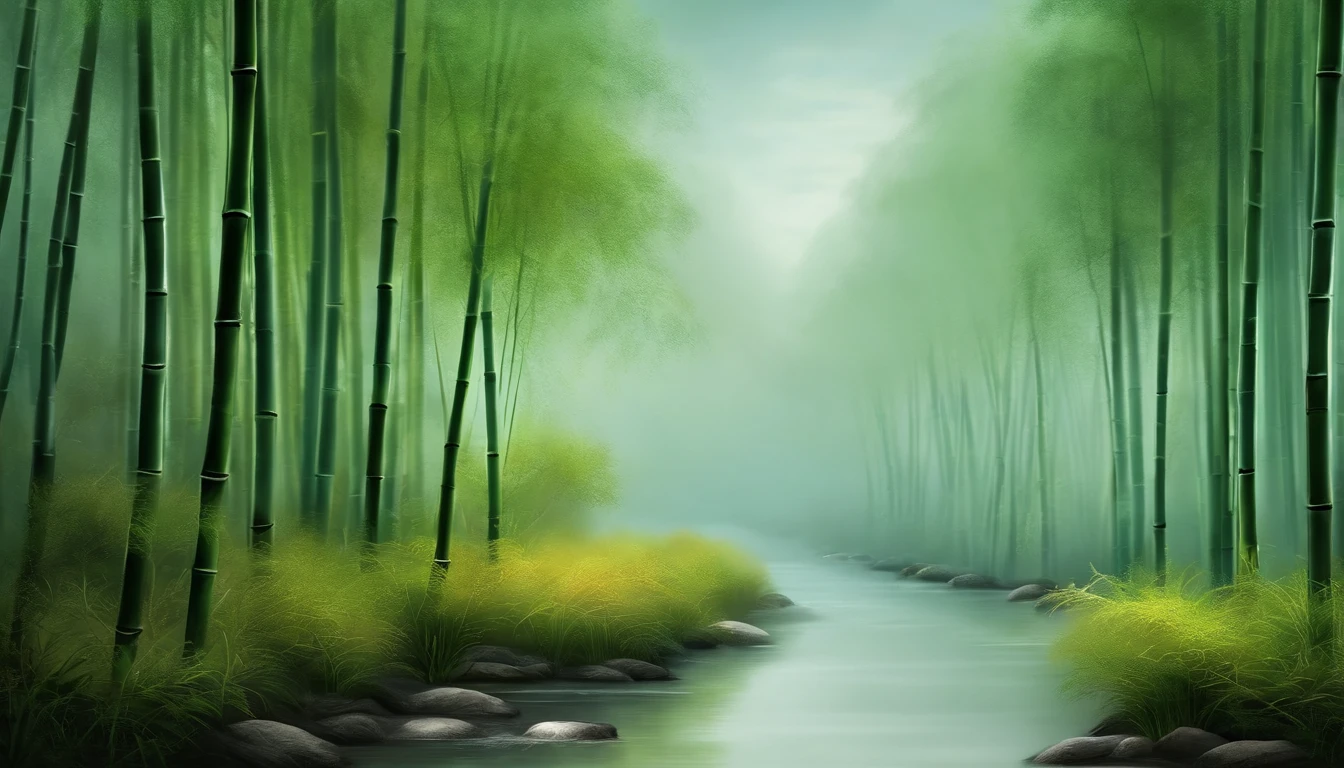 bamboo forrest,path,light wind,Cloud fog,chinese painting style,