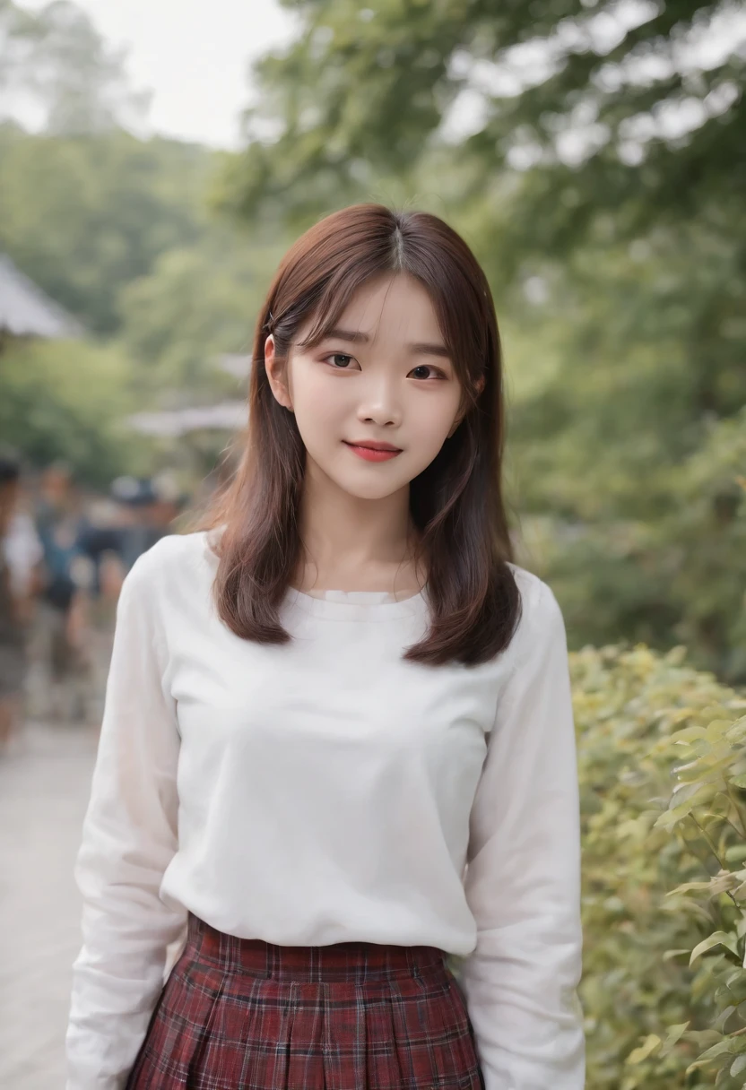 top-quality, Photorealsitic, ​masterpiece, 8K, Hi-Res, 独奏, 1girl, (((infp young woman))),sixteen years old、full bodyesbian、(small tits), ((Look at viewers)), (look at a camera), ((Various hairstyles close to long)）、Perfect straight black hair、With bangs、 (profetional lighting), Highly detailed bright face、Gentle Japan girl、Nice smiling face、White T-shirt（long-sleeve）、Checked pleated skirt、Standing in front of the school gate