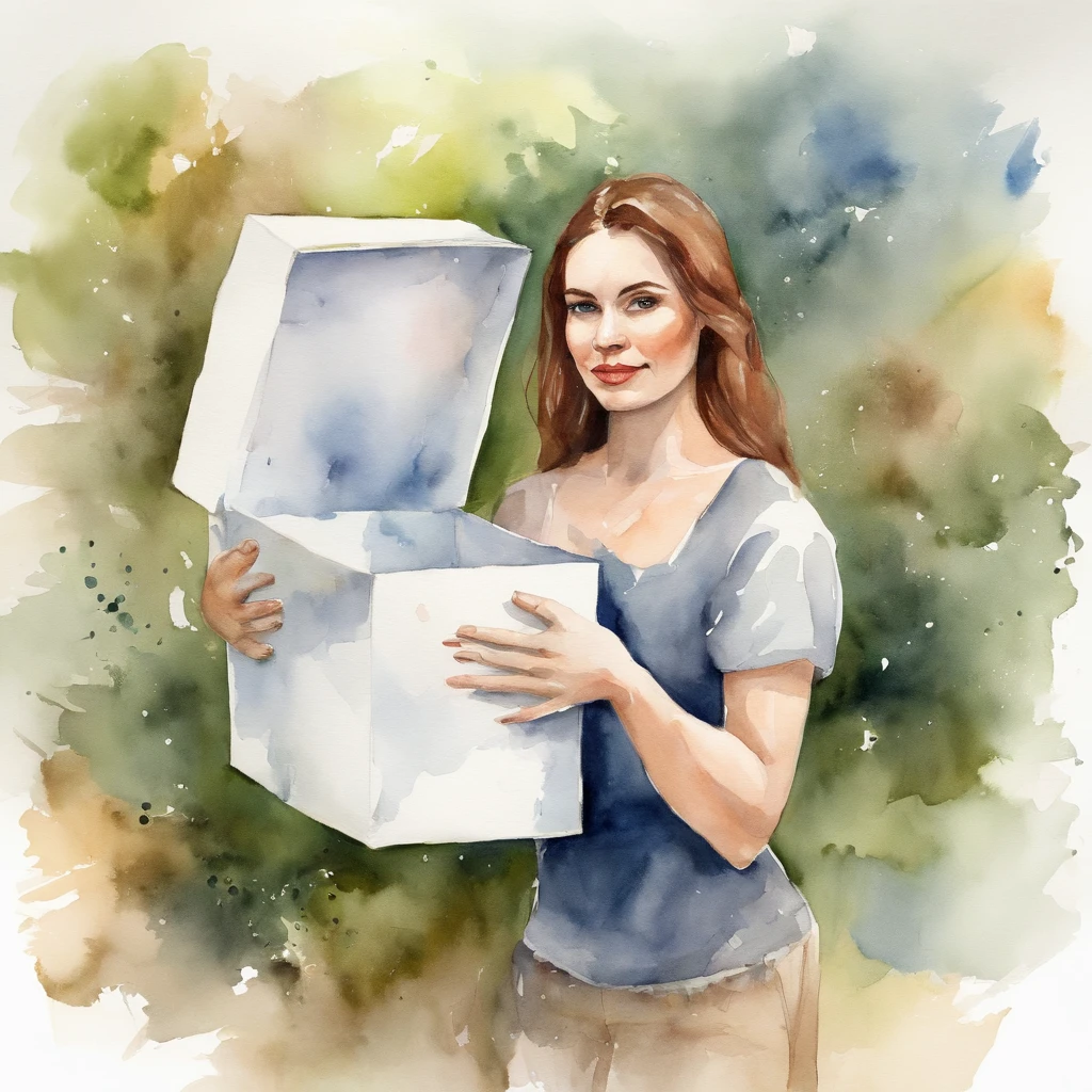 Young woman holding big box, Theme color is white, Epic story