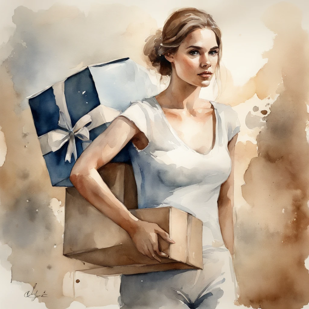 Young woman holding big box, Theme color is white, Epic story