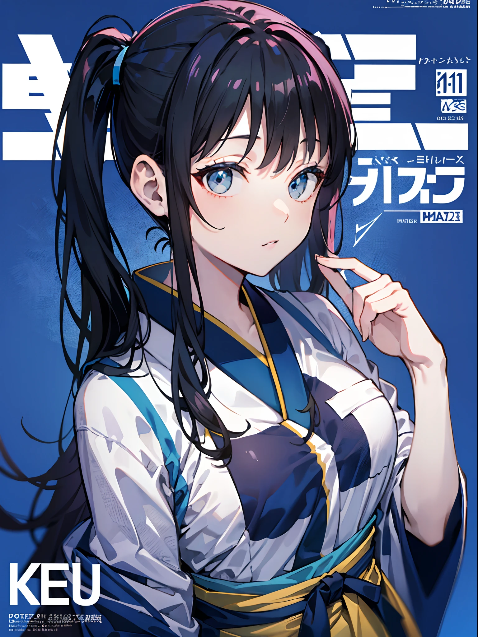 takinainoue, inoue takina, long hair, bangs, black hair, twintails, (purple eyes:1.2), (small breast:1.2), BREAK japanese clothes, kimono, apron, waist apron, blue kimono, waitress, BREAK indoors, BREAK (masterpiece:1.2), best quality, high resolution, unity 8k wallpaper, (illustration:0.8), (beautiful detailed eyes:1.6), extremely detailed face, perfect lighting, extremely detailed CG, (perfect hands, perfect anatomy),masterpiece,(best quality),(1girl) ,solo,(high contrast:1.2),(high saturation:1.2), ((hands on the pocket)),((black and white sdress)),looking at viewer,((white and dark blue theme:1.3)),((white and dark blue background:1.5)),((walking:1.3)),full body,((from above:1.2)), (magazine:1.3), (cover-style:1.3), fashionable, woman, vibrant, outfit, posing, front, colorful, dynamic, background, elements, confident, expression, holding, statement, accessory, majestic, coiled, around, touch, scene, text, cover, bold, attention-grabbing, title, stylish, font, catchy, headline, larger, striking, modern, trendy, focus, fashion, The text is bold and attention-grabbing, with a catchy tagline that adds to the overall feeling of drama and excitement. The color palette is mainly dark with splashes of vibrant colors, giving the poster a dynamic and visually striking appearance,tachi-e (magazine:1.3), (cover-style:1.3),