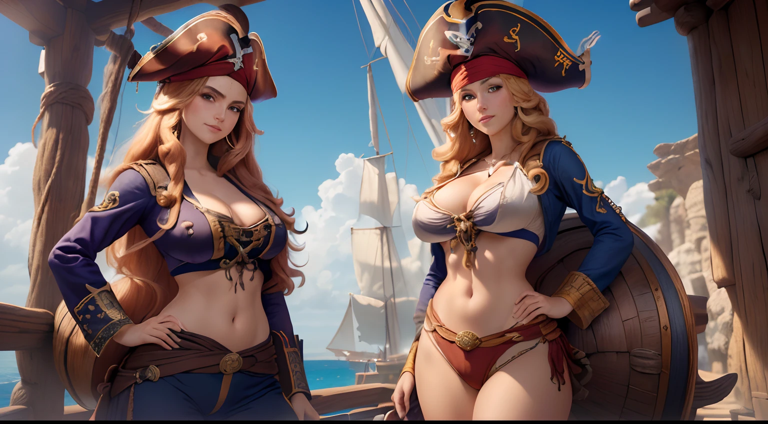 (sfw)Arte inspirada John Buscema,1 girl, blonde hair, cabelos longos, (((roupa de pirata))), (coxas grossas), (quadris largos), olhos castanhos, warm lighting, Noite, em navio pirata, oceano aberto, (middle boobs), despreocupado, Feliz, sorriso largo, (((corar))), (((Drunk))), (((master part))), (((best quality))), ((ultra-detalhado)), (illustration), ((um extremamente delicado e bonito)), (super high resolution, best quality, ), (8k, Foto RAW, best quality, master part), best quality, master part, illustration, CG, unidade, Background Story, Arte Oficial, Amazing, finamente detalhado, extremamente delicado e bonito, extremamente detalhado, Very detailed, foco nítido, fundo rico, ((a girl)) ((Happy and lively pirate captain)), ((navio pirata)) master part, absurdos, detalhes intrincados, 1girl, sozinho, cowboy shot, pirata, Pirate hat, tapa-olho, medium breasts, Ascot, dar de ombros \(garments\), camisa branca, espartilho, Frescuras, mangas compridas, Pants, Pele apertada, Standing on the ship, vela, Cordas, Olhando para o Viewer, sorriso, cabelos pretos, cabelos longos, cabelos flutuantes
