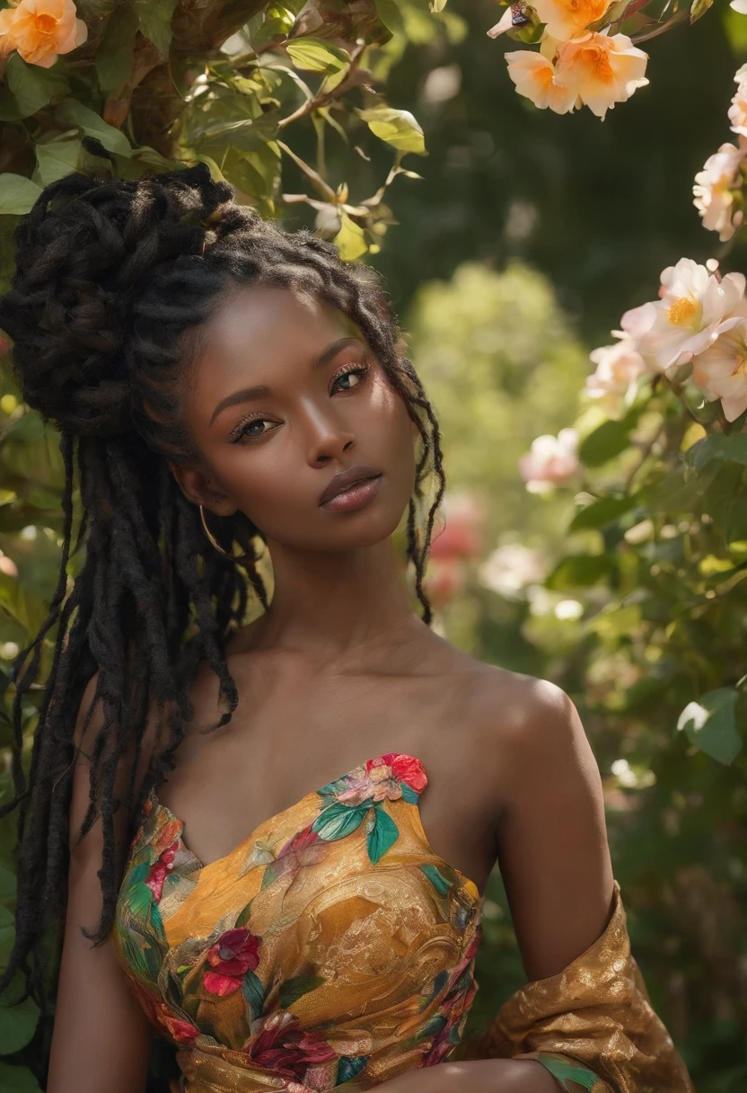 (a girl,a woman,a lady) with (ebony,black) (skin,complexion) and (long, flowing) (black, dark) (dreadlocks, hair), (beautiful detailed eyes,beautiful detailed lips,extremely detailed eyes and face,longeyelashes). She is (standing,sitting) in a (lush, vibrant) garden surrounded by (colorful, blooming) flowers. She is wearing a (colorful, flowing) dress, and her (graceful, elegant) posture exudes confidence and (femininity, strength). The sunlight gently illuminates her face, casting a soft and (warm,golden) glow. The scene is (realistic,photorealistic:1.37) and (best quality,highres), with (vivid,rich) colors and (sharp,defined) details.