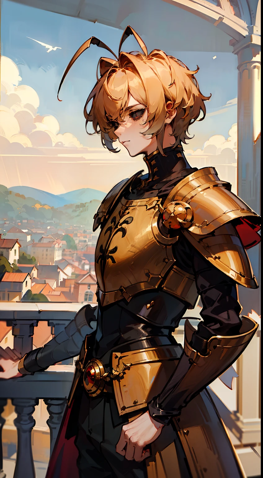 (Original Character,8k, Masterpiece, Best Quality,Detailed, Beautiful Detailed Eyes, solo),1boy,tall,fine skin,(black eyes),black sclera,blonde hair,short hair,(((hair 2antennas)))(gold armor),red cape,standing on top of a balcony and seeing the landscape of his kingdom