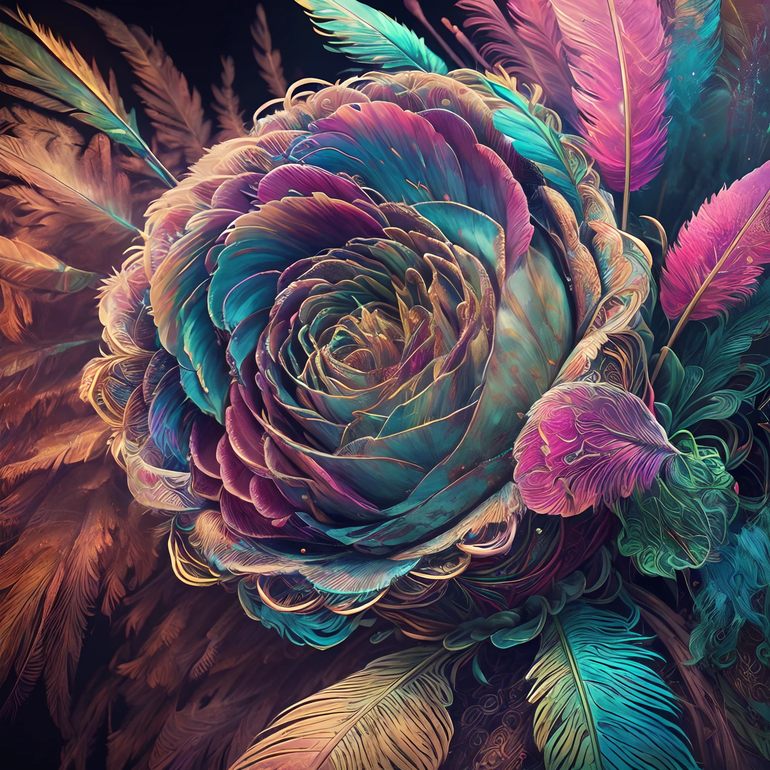 Riff Style 2 (masutepiece, top-quality, Best Quality, Official art, Plants and bird feathers, Beautiful and aesthetic:1.2), (roses,Pampas grass:1.3), Extremely detailed,(Fractal Art:1.1),(Colorful:1.1)(Flowers:1.3),highest details,(Zentangle:1.2), (Dynamic Pose), (Abstract background:1.3), (Shiny skin), (Many colors:1.4), ,(earrings), (Feathers:1.5)