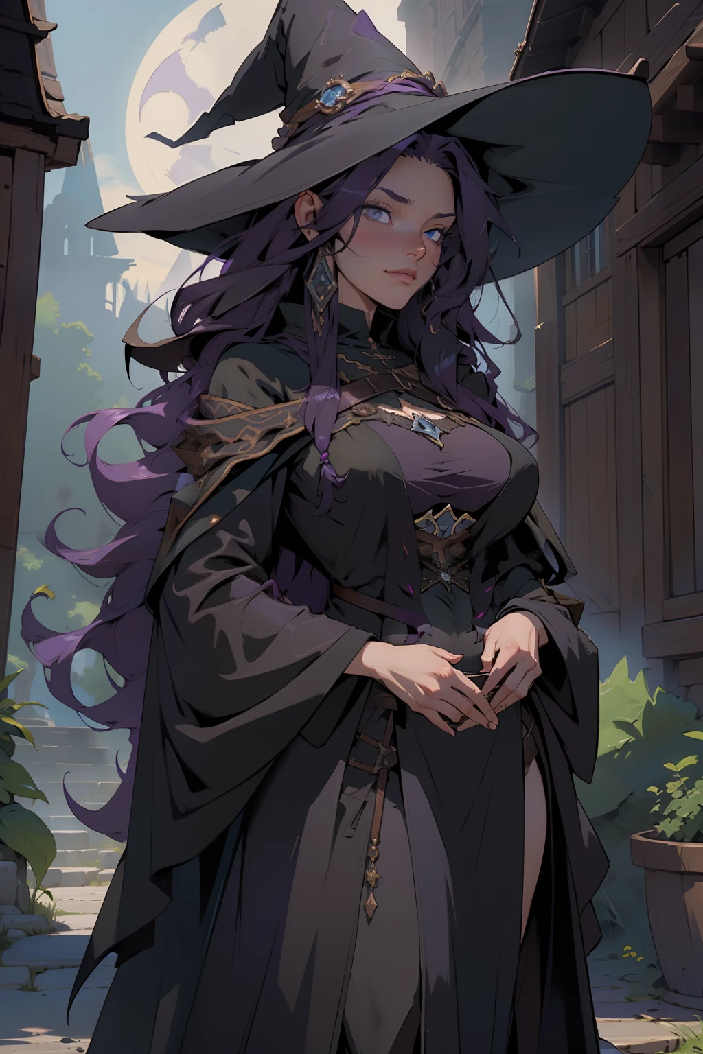 4k, high quality, cowboy shot, digital painting of beautiful young girl, witch, long dark purple hair, flowing hair, giant witches hat, long black cloak, big breasts, fully clothed, layers of cloth clothing, witch clothes