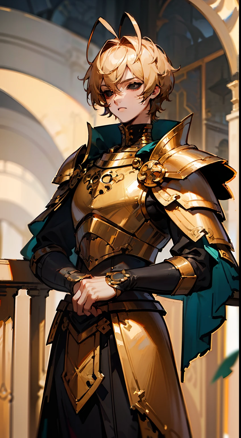 (Original Character,8k, Masterpiece, Best Quality,Detailed, Beautiful Detailed Eyes, solo),1boy,tall,fine skin,(black eyes),black sclera,blonde hair,short hair,(((hair 2antennas)))(gold armor),red cape,standing on top of a balcony and seeing the landscape of his kingdom