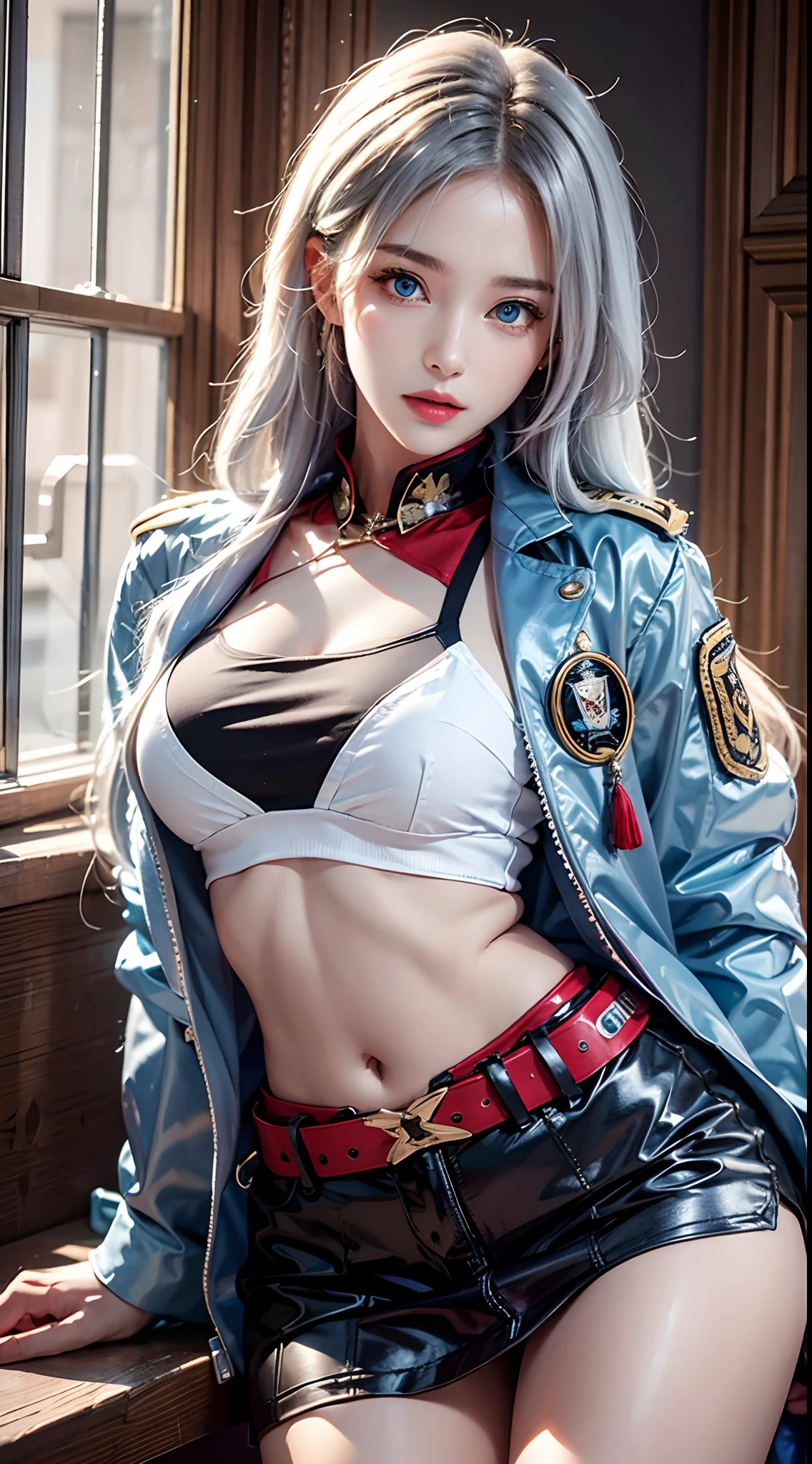 photorealistic, high resolution, soft lights, 1women, solo, hips up, blue eyes, white long hair, military uniform, jacket, shirt, skirt