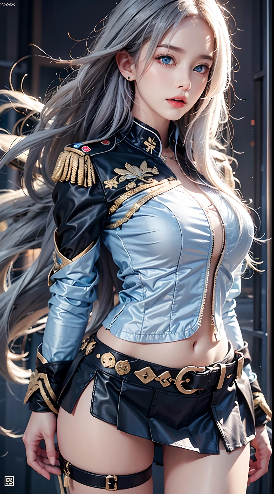 photorealistic, high resolution, soft lights, 1women, solo, hips up, blue eyes, white long hair, military uniform, jacket, shirt, skirt