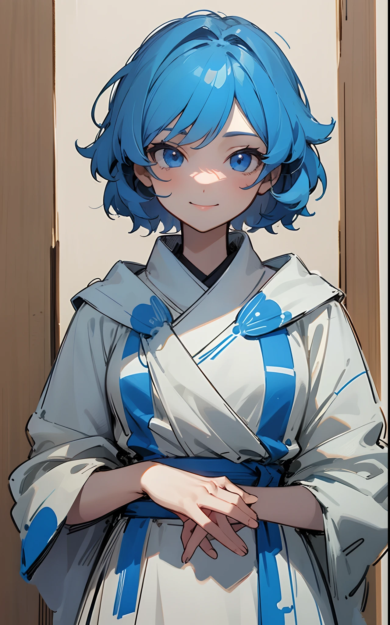 1girl in, straight-on, The upper part of the body, 独奏, Hair short like a boy、Dark blue hair、Light blue hair band:1.2、Blue eyes, A smile, robe blanche, line-drawing, simple background, white backgrounid,