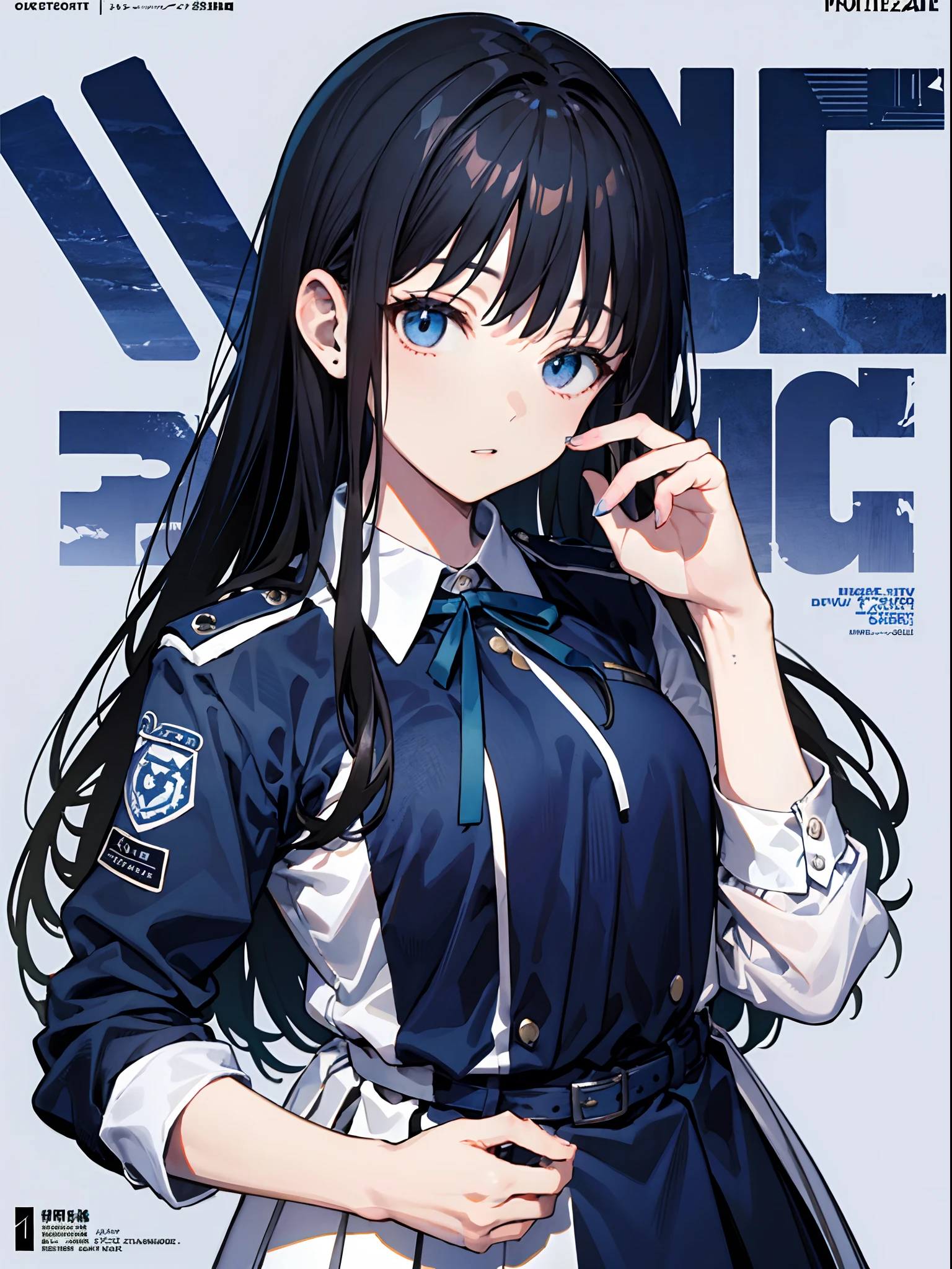 takinainoue, inoue takina, long hair, bangs, black hair, (purple eyes:1.2), BREAK shirt, long sleeves, dress, ribbon, school uniform, white shirt, collared shirt, belt, neck ribbon, blue dress, green ribbon, pleated dress, grey dress, two-tone dress, blue belt, lycoris uniform, BREAK outdoors, city, BREAK (masterpiece:1.2), best quality, high resolution, unity 8k wallpaper, (illustration:0.8), (beautiful detailed eyes:1.6), extremely detailed face, perfect lighting, extremely detailed CG, (perfect hands, perfect anatomy),masterpiece,(best quality),(1girl) ,solo,(high contrast:1.2),(high saturation:1.2), ((hands on the pocket)),((black and white sdress)),looking at viewer,((white and dark blue theme:1.3)),((white and dark blue background:1.5)),((walking:1.3)),full body,((from above:1.2)), (magazine:1.3), (cover-style:1.3), fashionable, woman, vibrant, outfit, posing, front, colorful, dynamic, background, elements, confident, expression, holding, statement, accessory, majestic, coiled, around, touch, scene, text, cover, bold, attention-grabbing, title, stylish, font, catchy, headline, larger, striking, modern, trendy, focus, fashion, The text is bold and attention-grabbing, with a catchy tagline that adds to the overall feeling of drama and excitement. The color palette is mainly dark with splashes of vibrant colors, giving the poster a dynamic and visually striking appearance,tachi-e (magazine:1.3), (cover-style:1.3),