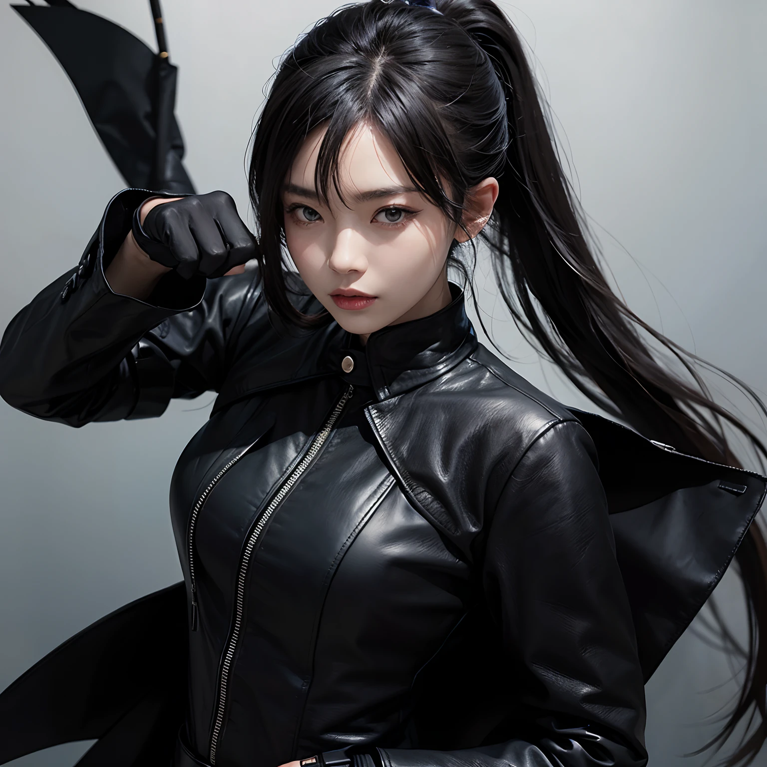 A Japanese woman with black leather gloves wearing a black men's three-piece suit with a black shirt