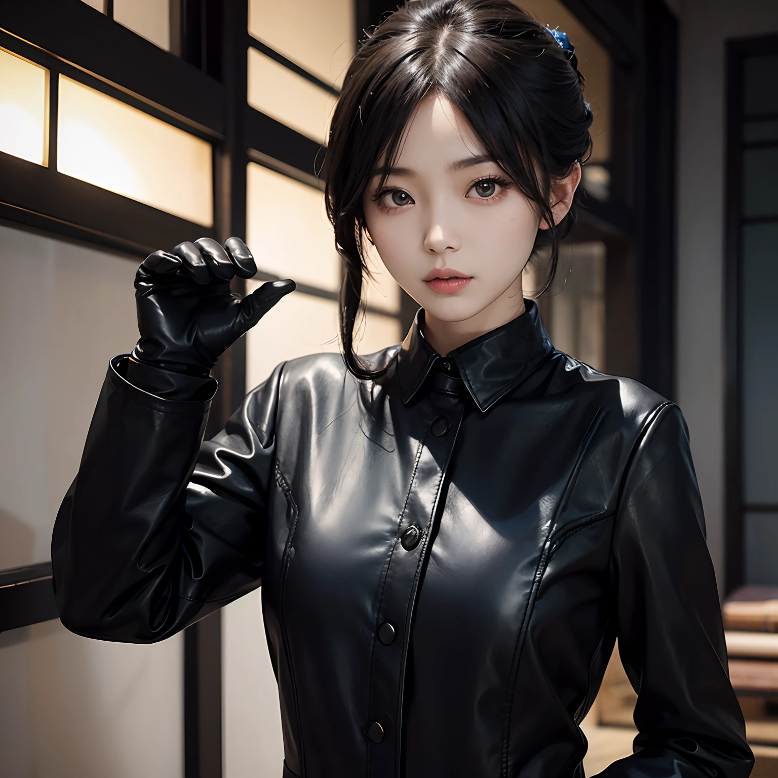 A Japanese woman with black leather gloves wearing a black men's three-piece suit with a black shirt