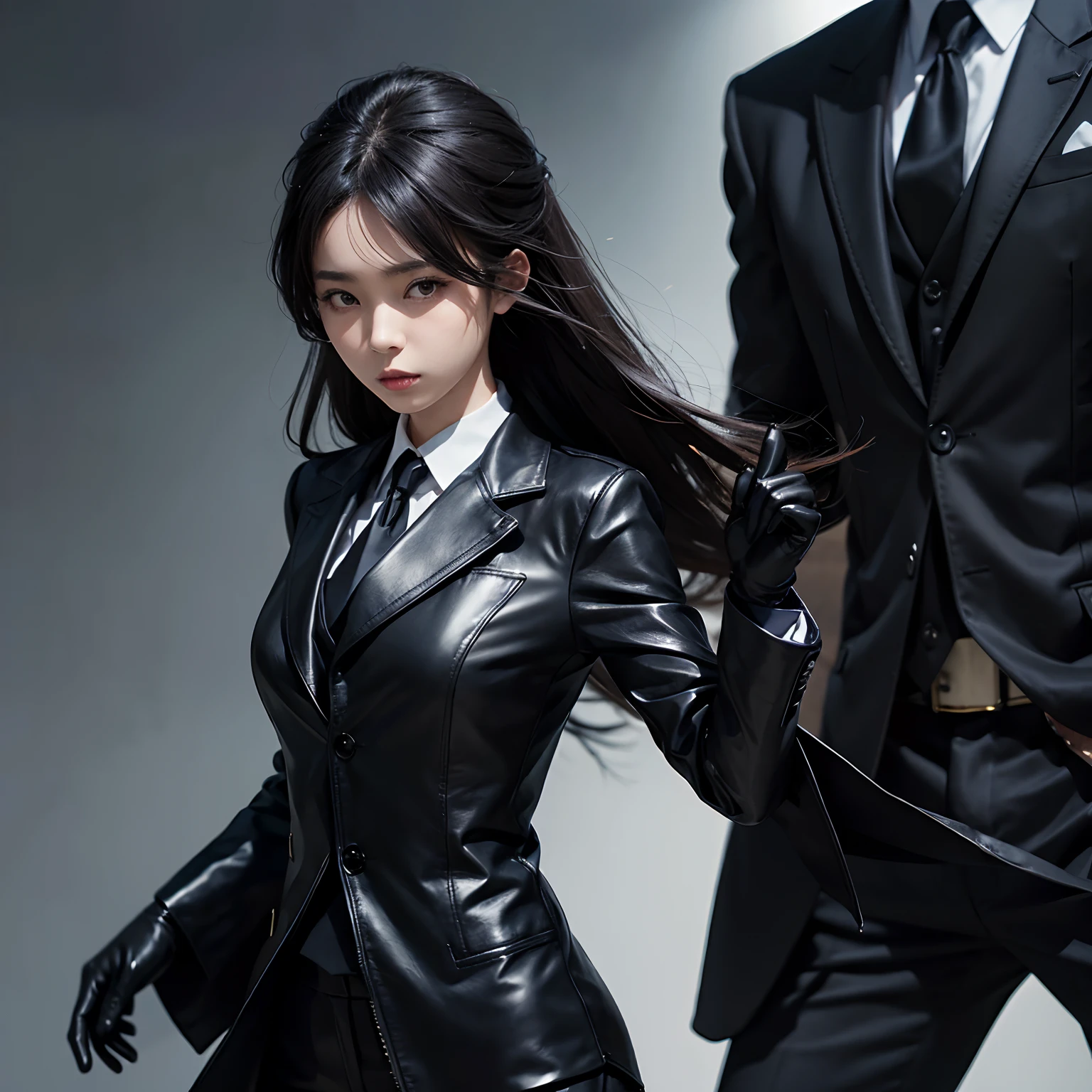 A Japanese woman with black leather gloves wearing a black men's three-piece suit with a black shirt