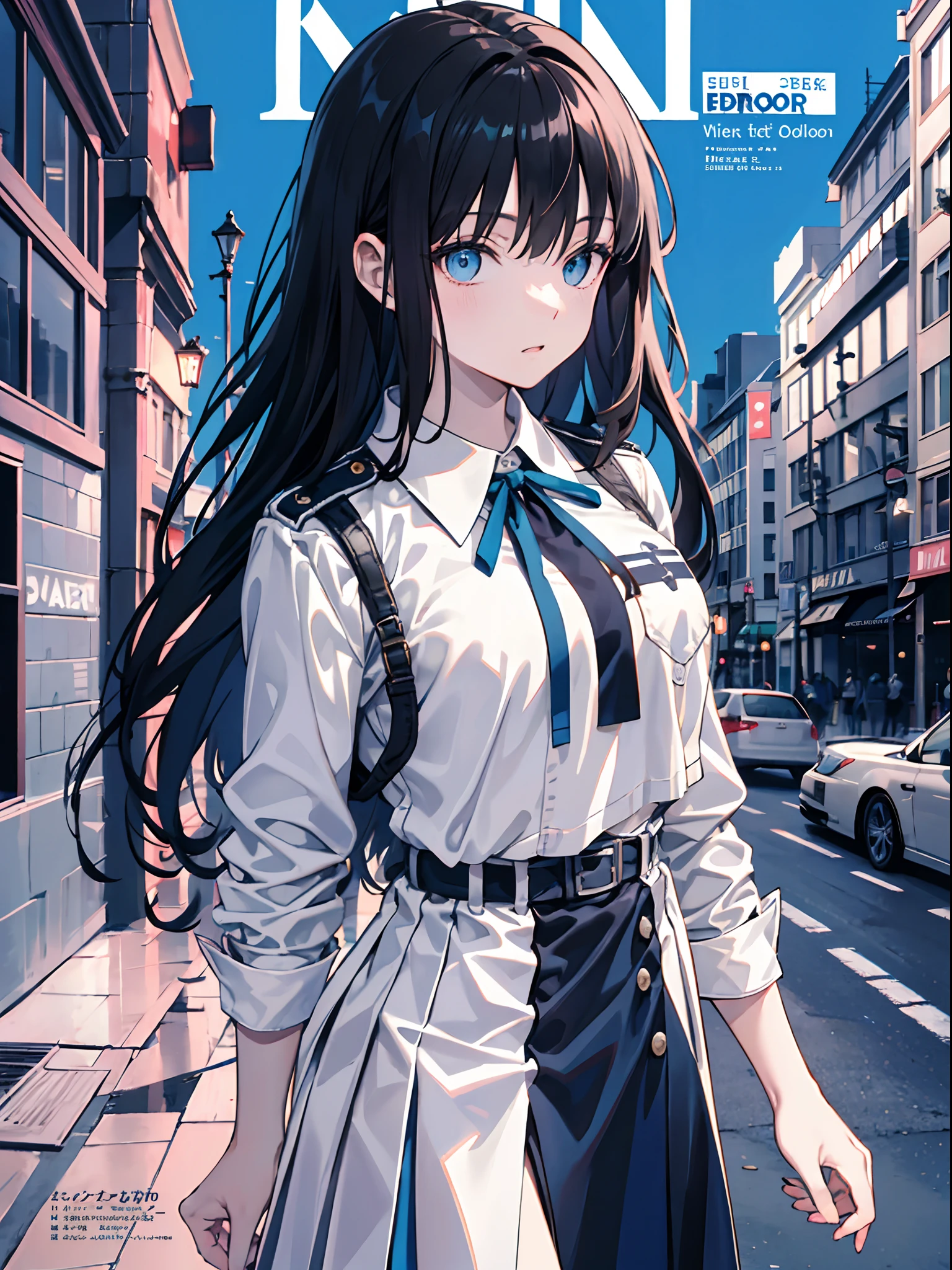 takinainoue, inoue takina, long hair, bangs, black hair, (purple eyes:1.2), BREAK shirt, long sleeves, dress, ribbon, school uniform, white shirt, collared shirt, belt, neck ribbon, blue dress, green ribbon, pleated dress, grey dress, two-tone dress, blue belt, lycoris uniform, BREAK outdoors, city, BREAK (masterpiece:1.2), best quality, high resolution, unity 8k wallpaper, (illustration:0.8), (beautiful detailed eyes:1.6), extremely detailed face, perfect lighting, extremely detailed CG, (perfect hands, perfect anatomy),masterpiece,(best quality),(1girl) ,solo,(high contrast:1.2),(high saturation:1.2), ((hands on the pocket)),((black and white sdress)),looking at viewer,((white and dark blue theme:1.3)),((white and dark blue background:1.5)),((walking:1.3)),full body,((from above:1.2)), (magazine:1.3), (cover-style:1.3), fashionable, woman, vibrant, outfit, posing, front, colorful, dynamic, background, elements, confident, expression, holding, statement, accessory, majestic, coiled, around, touch, scene, text, cover, bold, attention-grabbing, title, stylish, font, catchy, headline, larger, striking, modern, trendy, focus, fashion, The text is bold and attention-grabbing, with a catchy tagline that adds to the overall feeling of drama and excitement. The color palette is mainly dark with splashes of vibrant colors, giving the poster a dynamic and visually striking appearance,tachi-e (magazine:1.3), (cover-style:1.3),